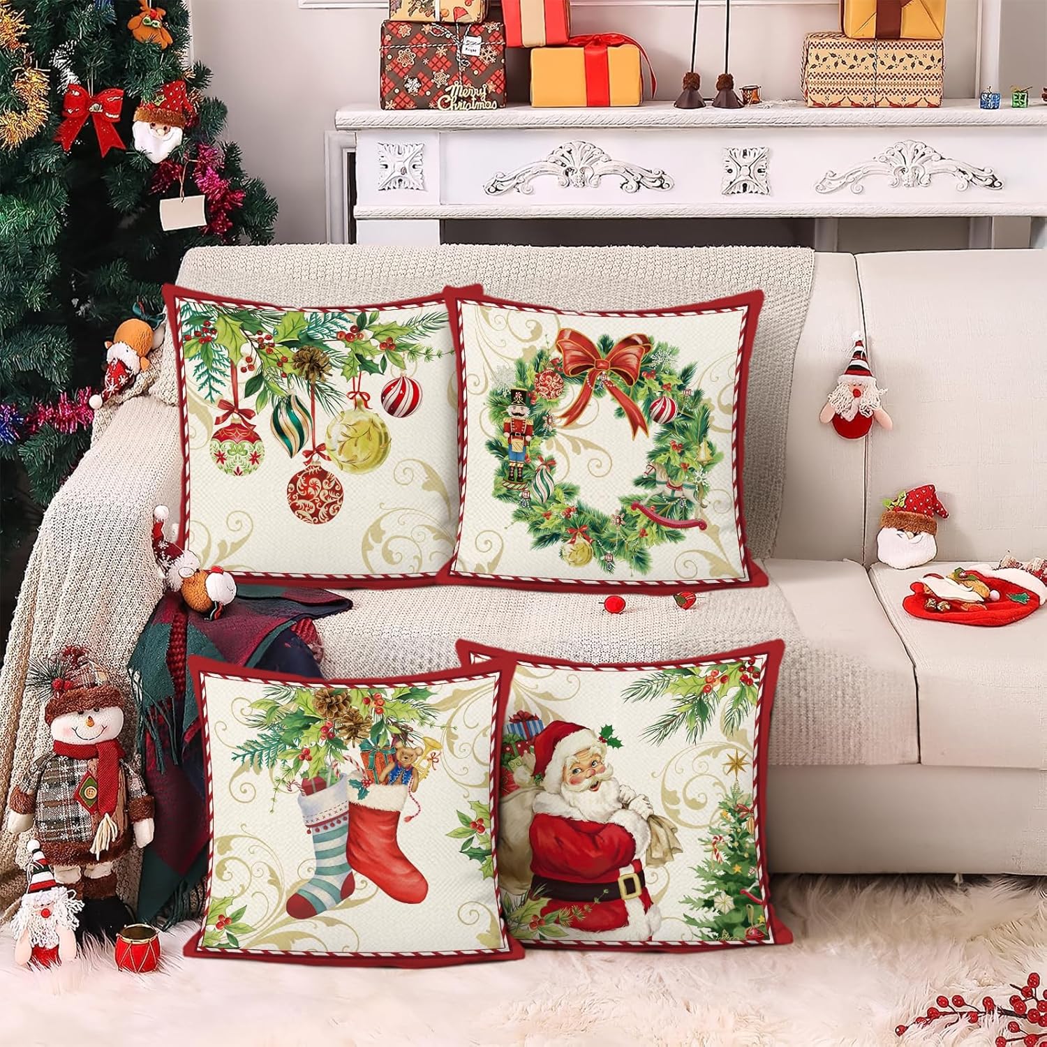 Bonhause Juego de 4 fundas de almohada de Navidad de 18 x 18 pulgadas, diseño de Papá Noel con corona de Navidad, calcetines de campanas de corona