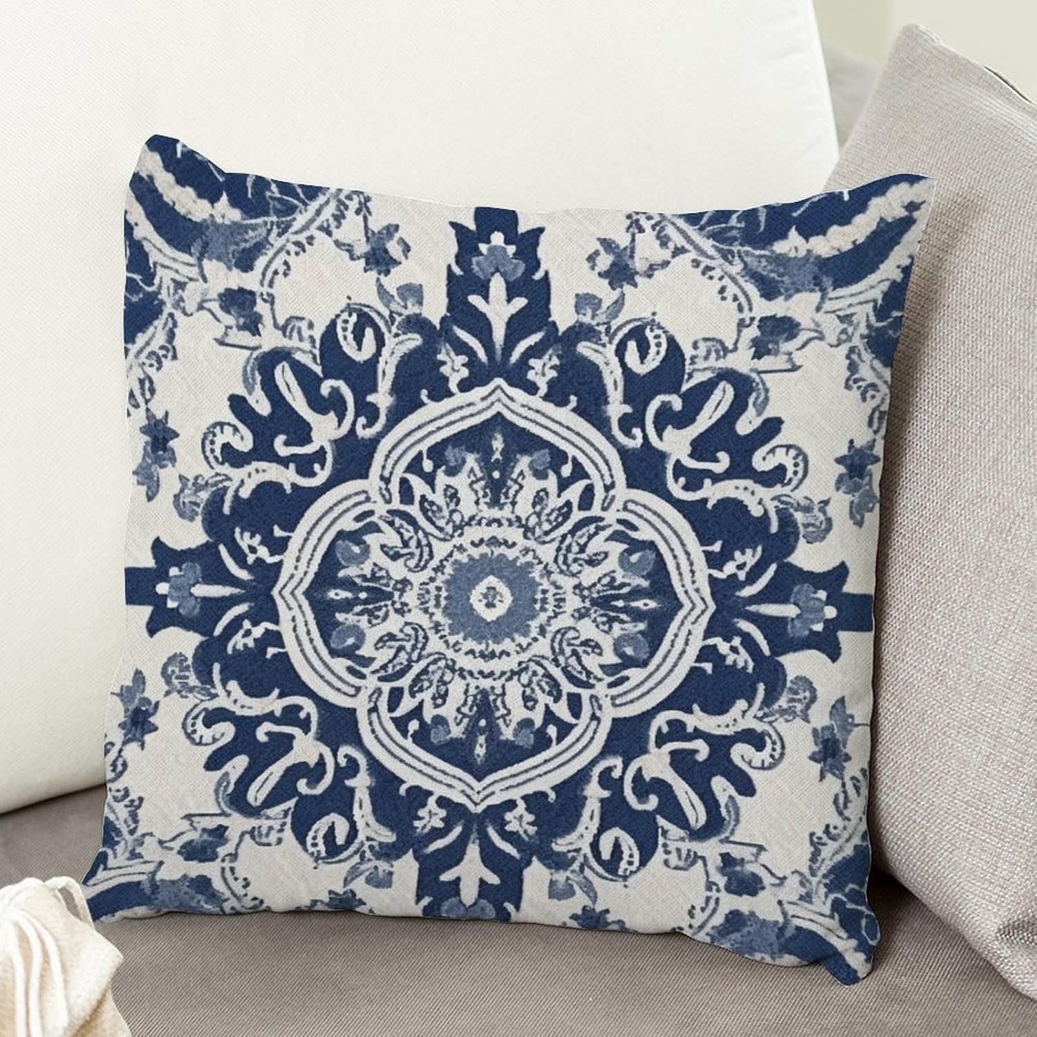 ArogGeld Cojín de cojín de damasco azul marino con flores azules, estilo árabe turco, cuadrado, fundas de almohada chinoiserie para dormitorio,