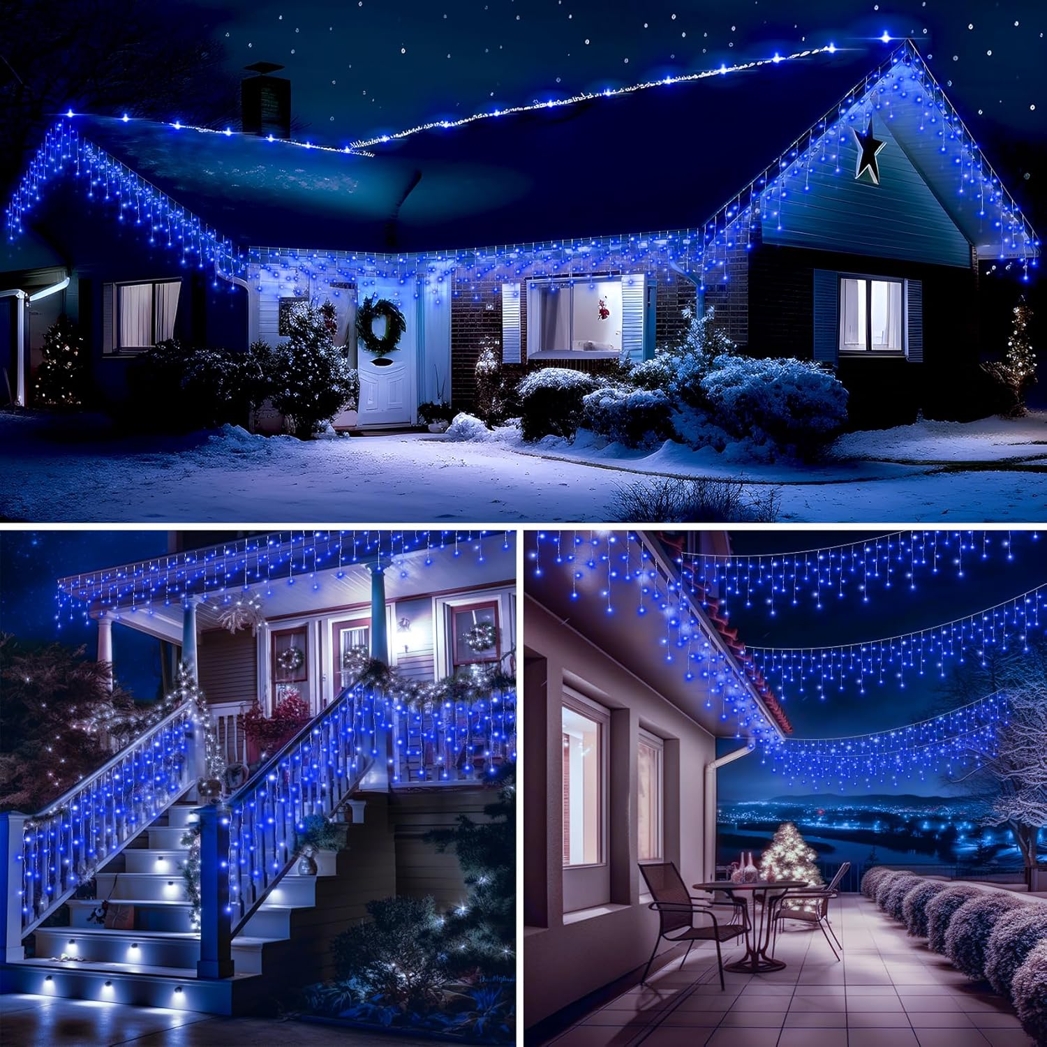 Aiouyidi Luces de Navidad para decoración al aire libre, 82 pies, 180 tiras, cortina de luces de hadas, 8 modos de enchufe, 630 LED, temporizador