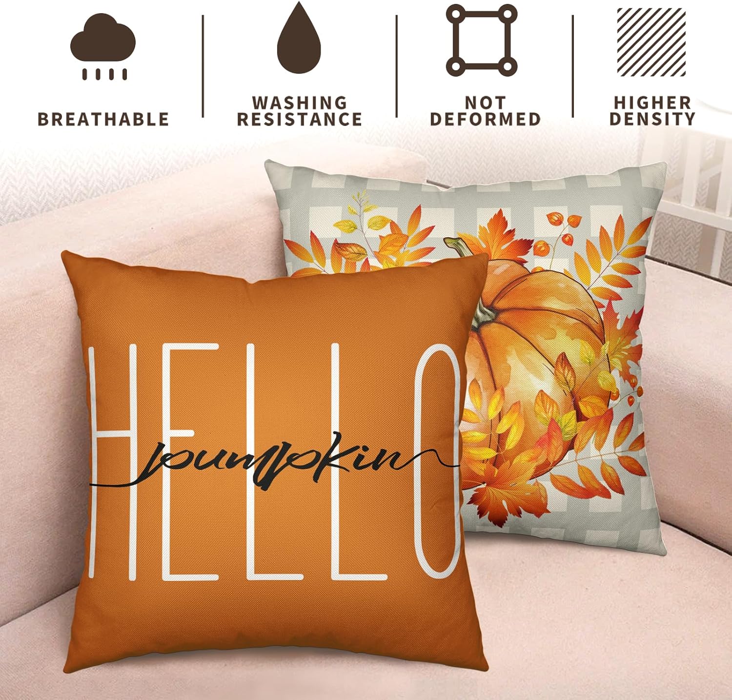 Juego de 2 fundas de almohada decorativas de otoño de 20 x 20 pulgadas, con hojas de arce, calabaza, casa de campo, fundas de almohada de lino