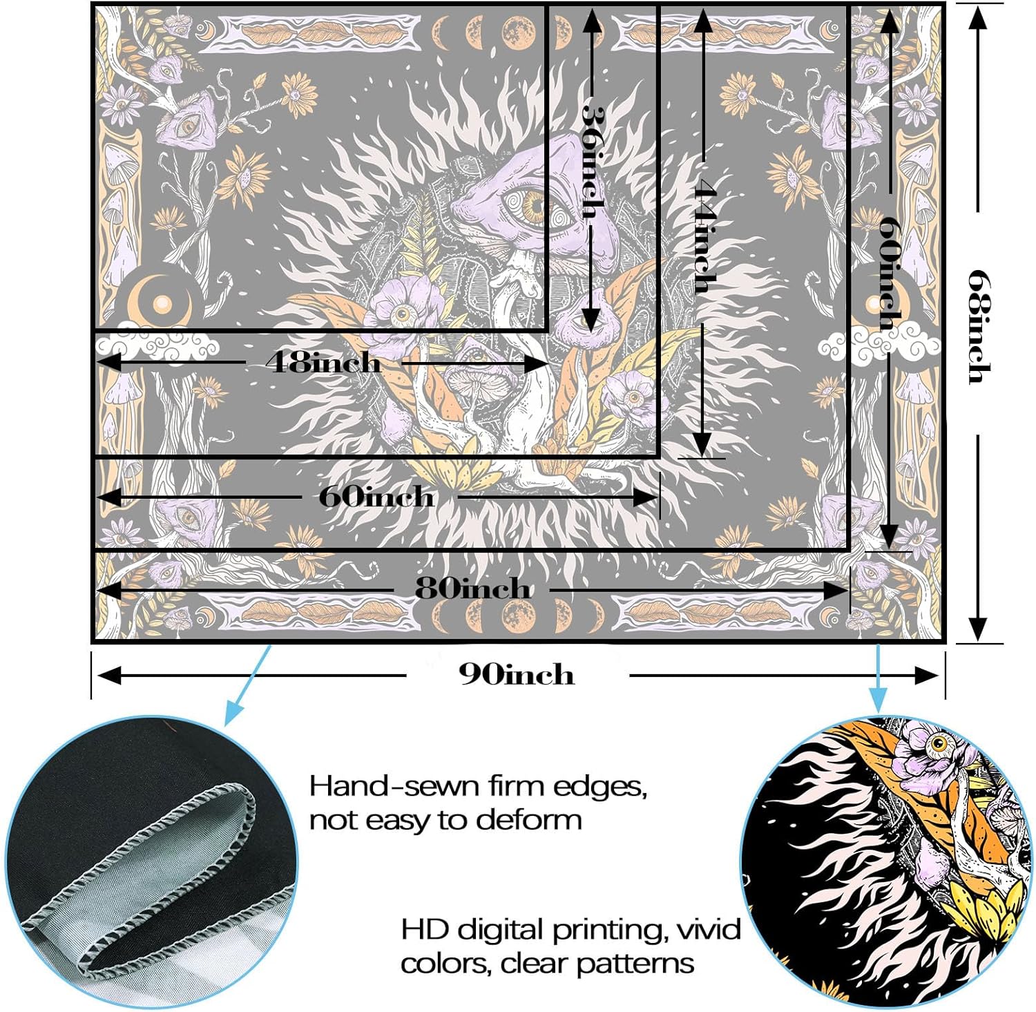 Lifeella Tapiz de hongos morados, ojos hippie con hojas florales, tapices de fase lunar para dormitorio, grunge, para colgar en la pared, 60 x 80
