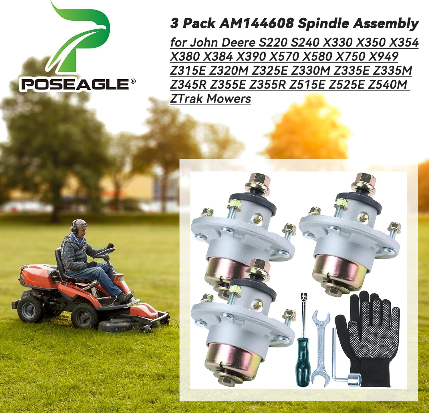 Paquete de 3 AM144608 Conjunto de husillo para John Deere S220 S240 X330 X350 X354 X380 X384 X390 X570 X580 X750 X949 Z315E Z320M Z325E Z325E 330M