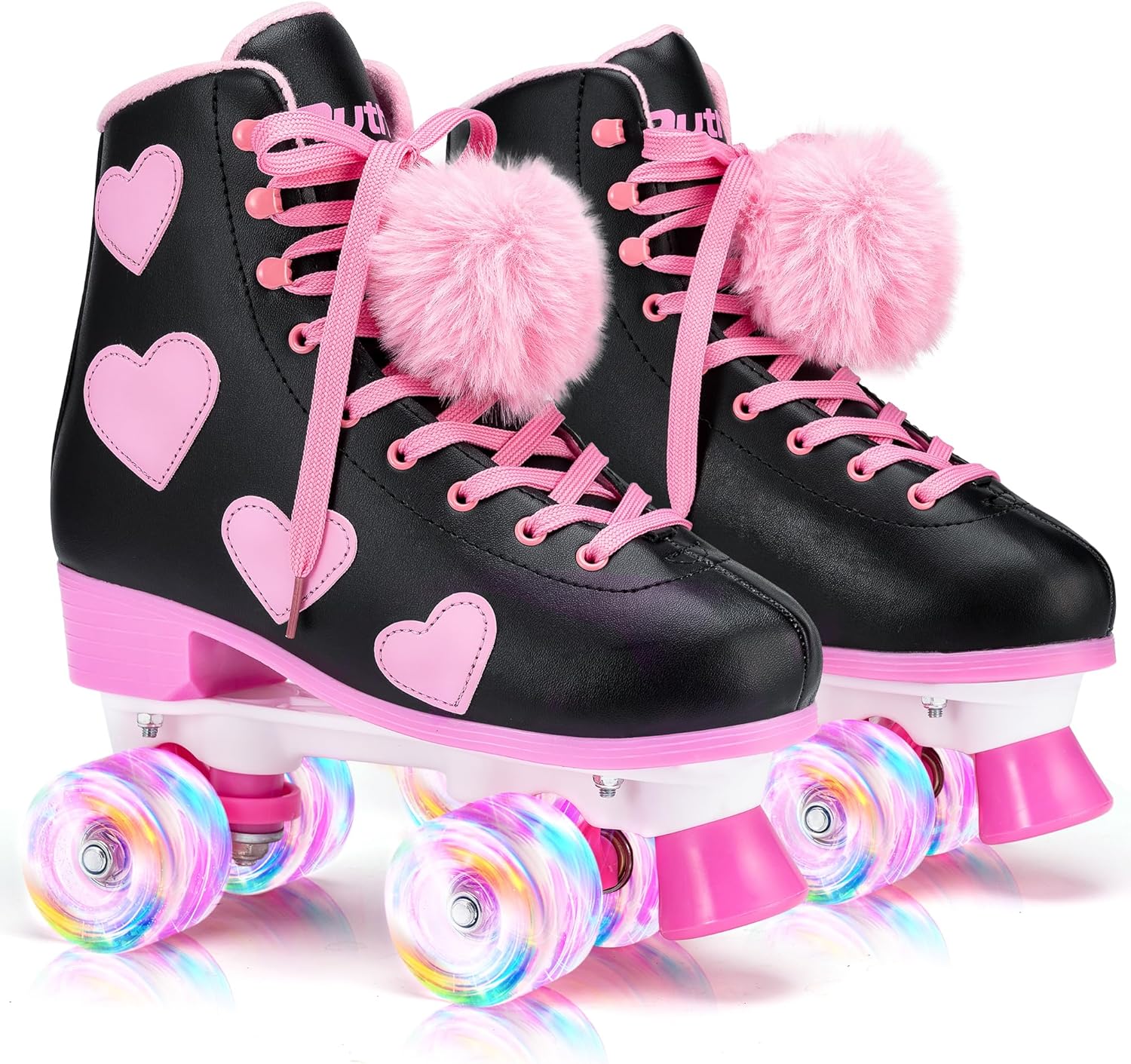 Ruthfot Patines clásicos para mujeres y niñas con ruedas iluminadas y patrón de corazón de amor, patines de piel sintética de alta calidad