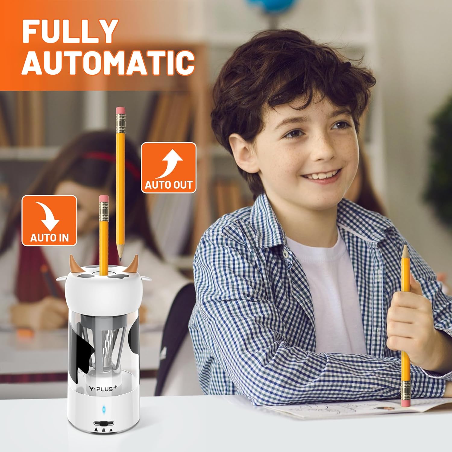 Sacapuntas eléctrico para niños, bonito sacapuntas completamente automático para aula, enchufe de lápiz de colores para servicio pesado, suministros