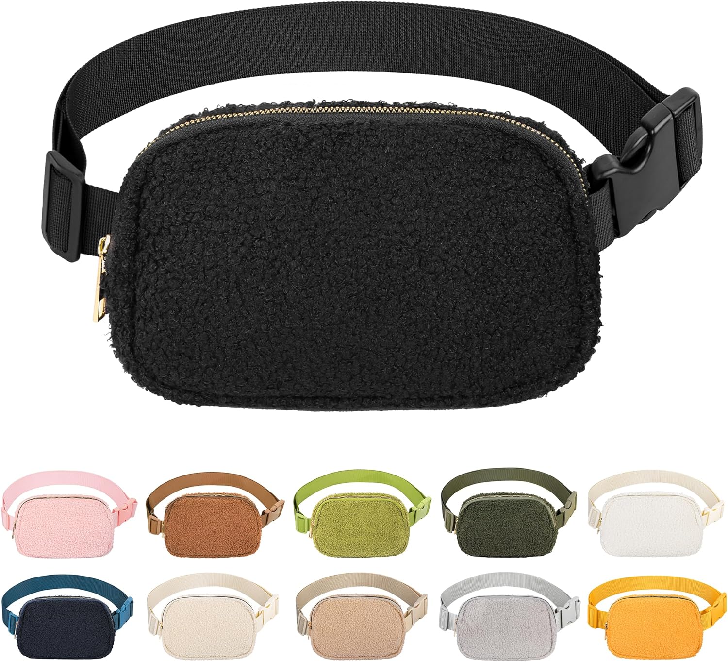 Riñonera para correr para mujeres y hombres, bolsa cruzada con correa ajustable para deportes, Negro(Fleece Black), Riñonera de forro polar