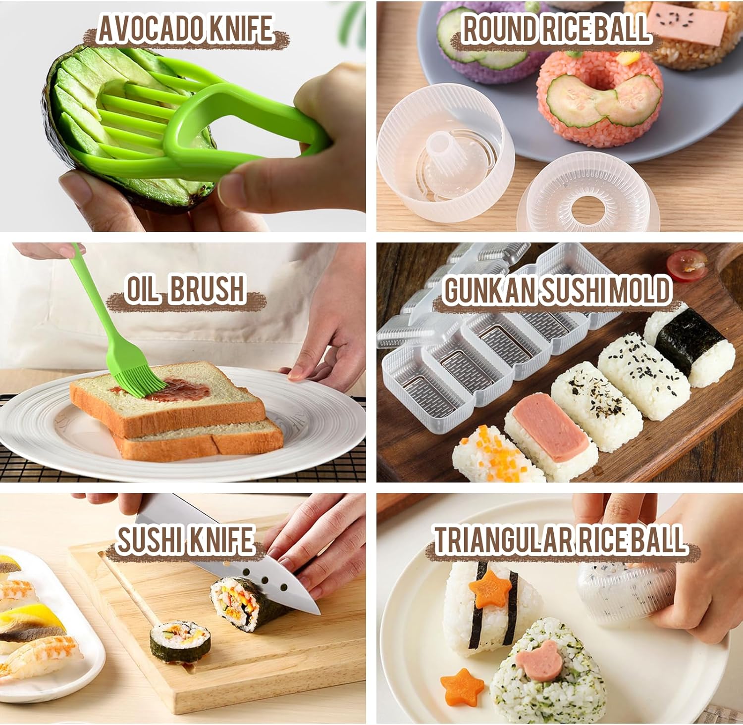 HI NINGER Kit completo de fabricación de sushi para principiantes con cuchillo de chef, tapete de balanceo de sushi de bambú, triángulodonutsmolde