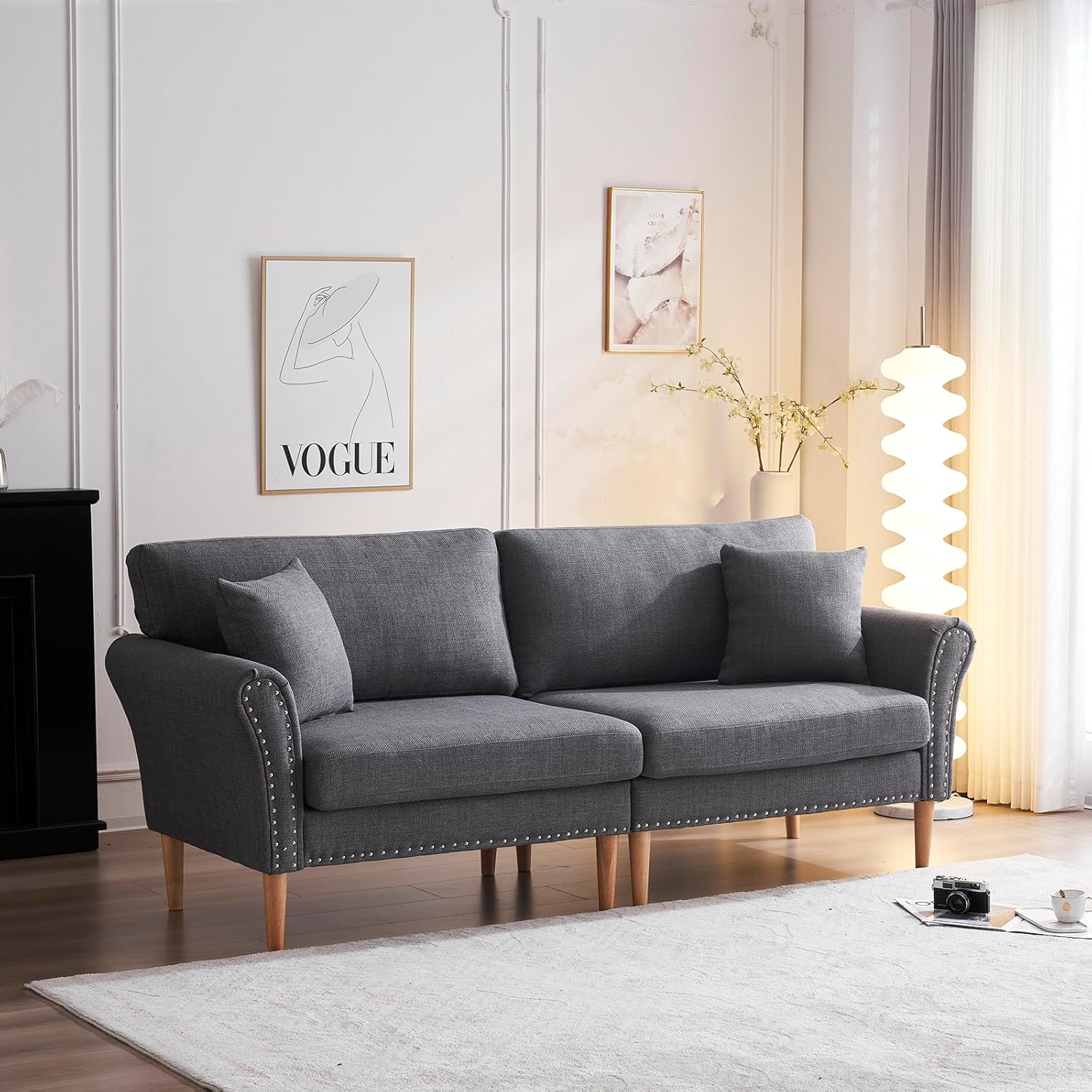 Sofá de arpillera, sofá pequeño de tela moderna, patas de madera maciza, sofás de 2 plazas con 2 almohadas, para sala de estar, dormitorio, oficina