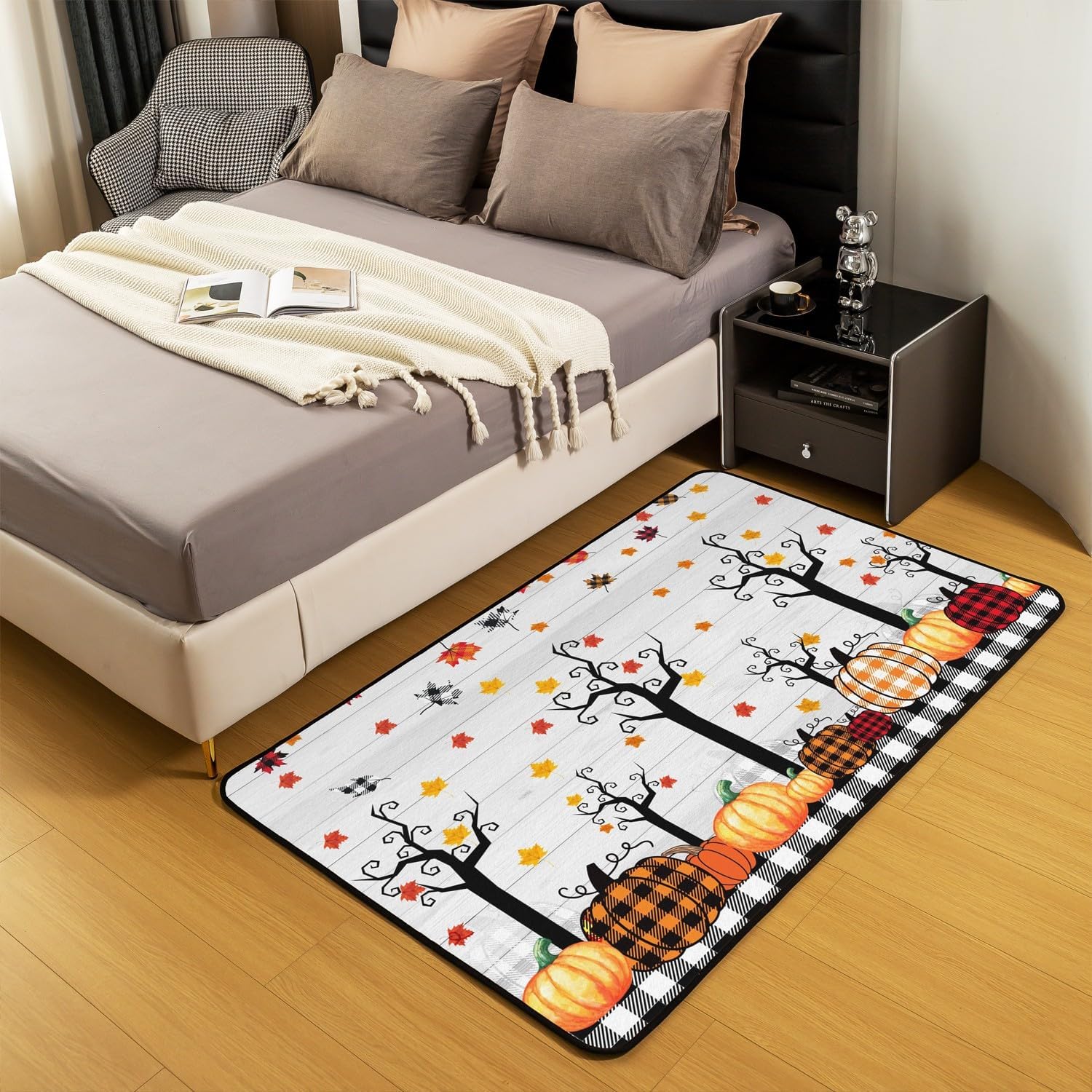 Alfombra de cosecha de calabaza de otoño, 3 x 5, alfombra a cuadros negros y blancos para niños, Halloween, hojas de arce, alfombra lavable con