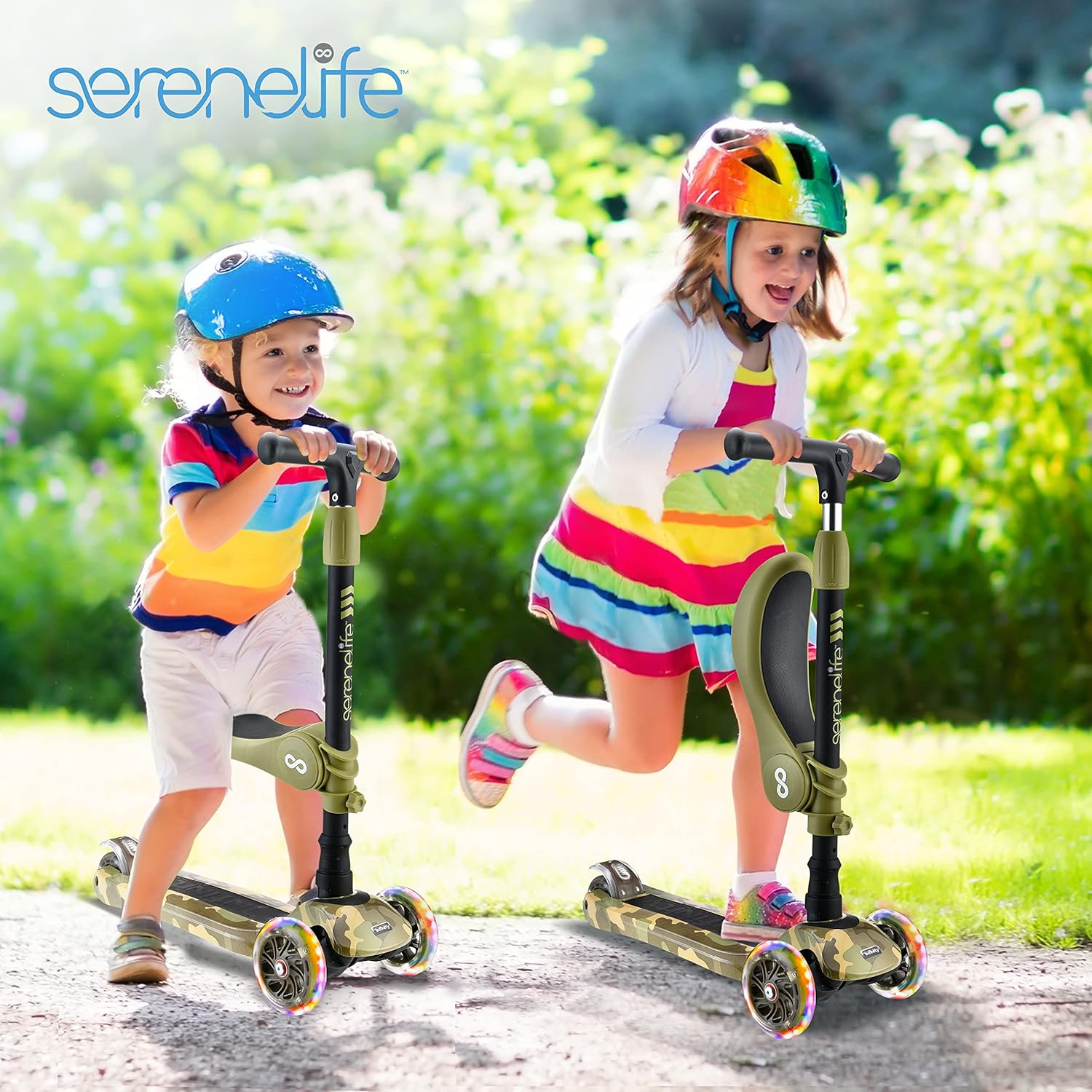 Patinete de 3 ruedas para niños  2 en 1 para sentarse o estar de pie para niños pequeños de juguete con asiento abatible, altura ajustable, cubierta