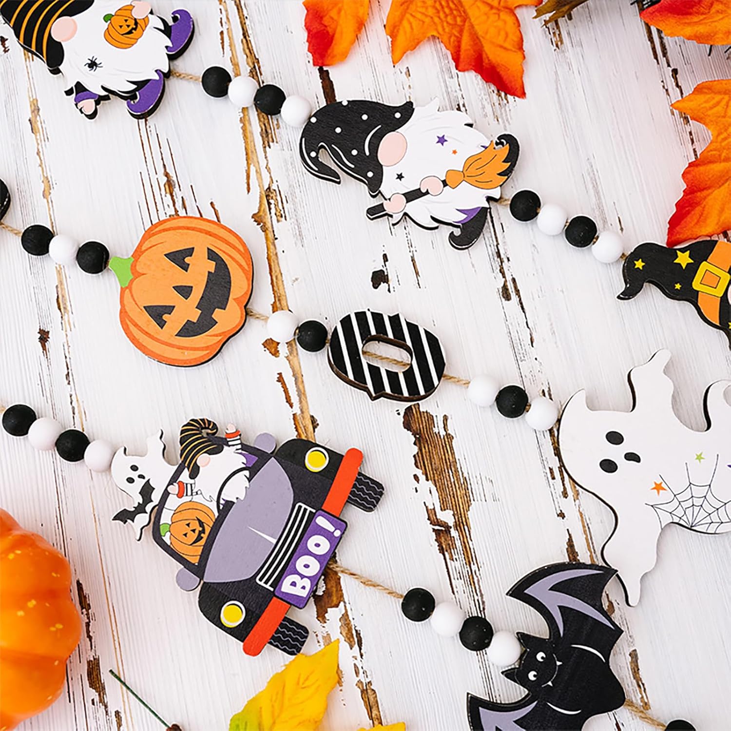 Guirnalda de madera de fantasma de Halloween, decoración de calabaza con borla de yute, letrero de calabaza, naranja y blanco, negro, juego de