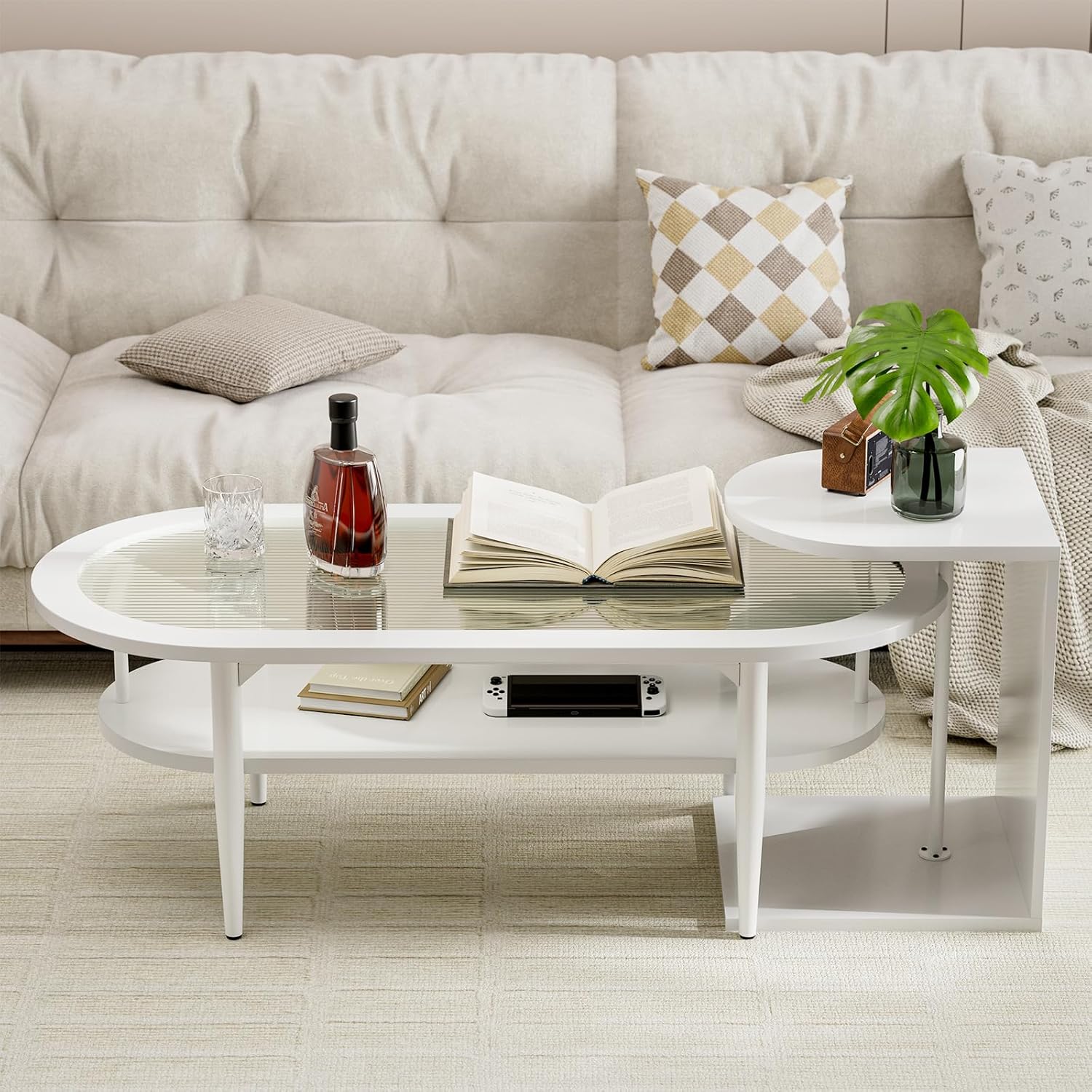 IKIFLY Juego de mesa de centro de cristal, mesa de té de café blanca con mesa de vidrio Changhong y mesa auxiliar para sala de estar comedor