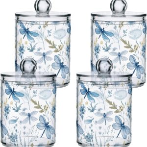 Paquete de 4 dispensadores Qtip con tapas, contenedores de almacenamiento de plástico con libélulas florales azules, organizador de recipientes de Paquete de 4 dispensadores Qtip con tapas, contenedores de almacenamiento de plástico con libélulas florales azules, organizador de recipientes de
