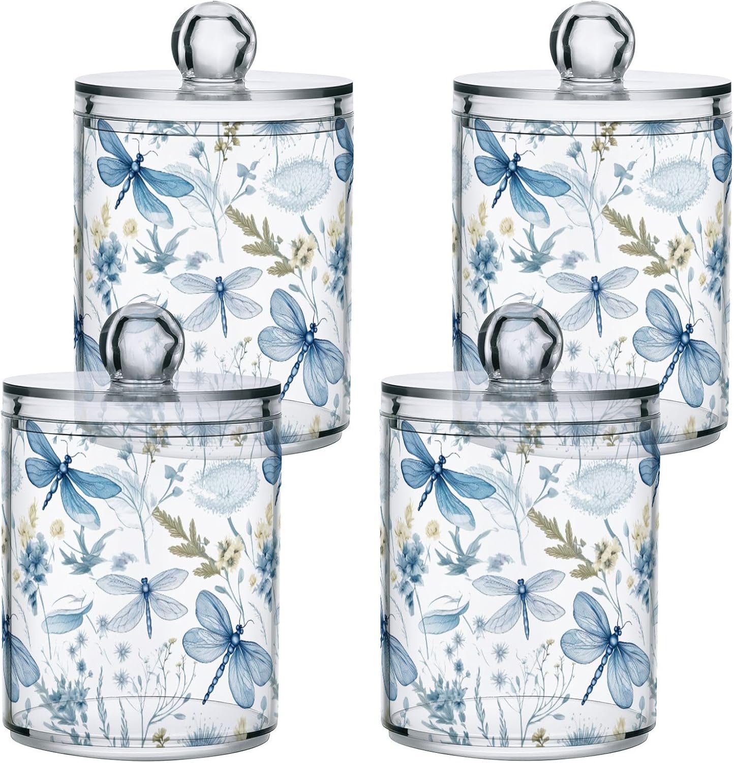 Paquete de 4 dispensadores Qtip con tapas, contenedores de almacenamiento de plástico con libélulas florales azules, organizador de recipientes de