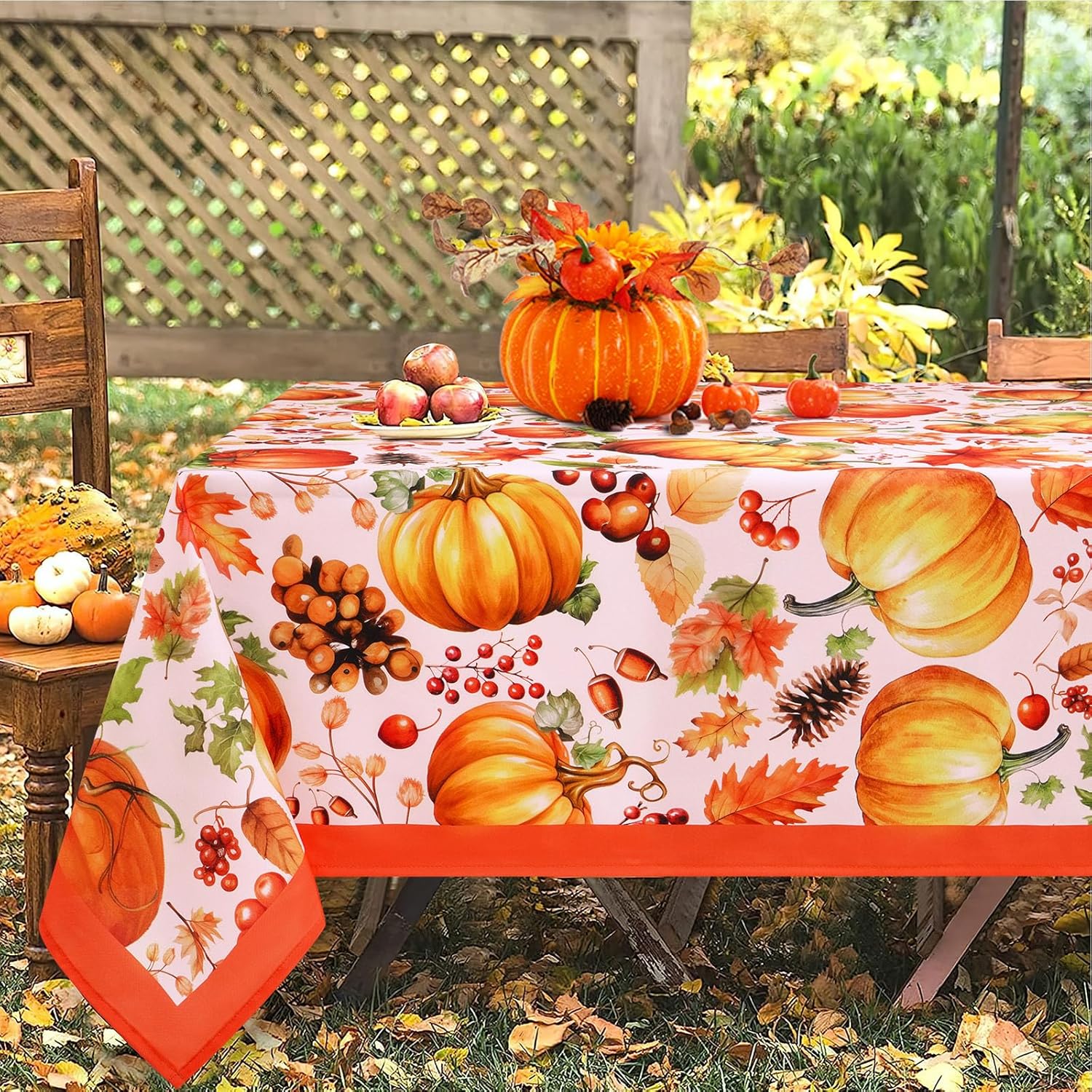 Mantel de otoño, mantel de Acción de Gracias con hojas de arce y calabaza, bellotas y bayas, piñas, mantel impermeable para otoño, cosecha, fiesta,