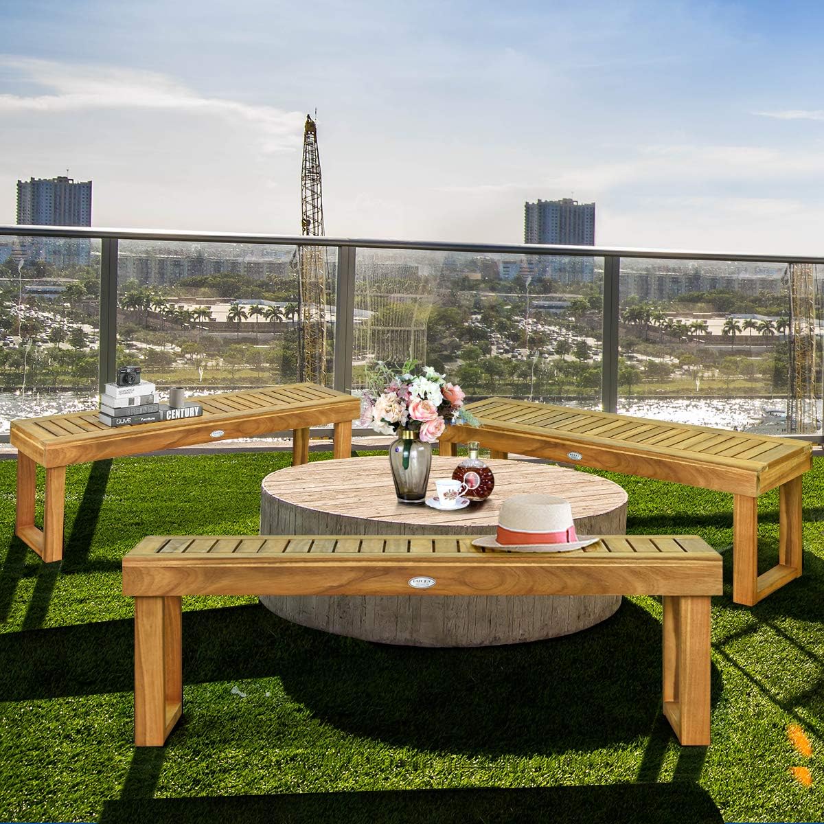 Tangkula Banco de madera de acacia de 52 pulgadas para exteriores, banco de madera para comedor, entrada, jardín junto a la piscina, banco de