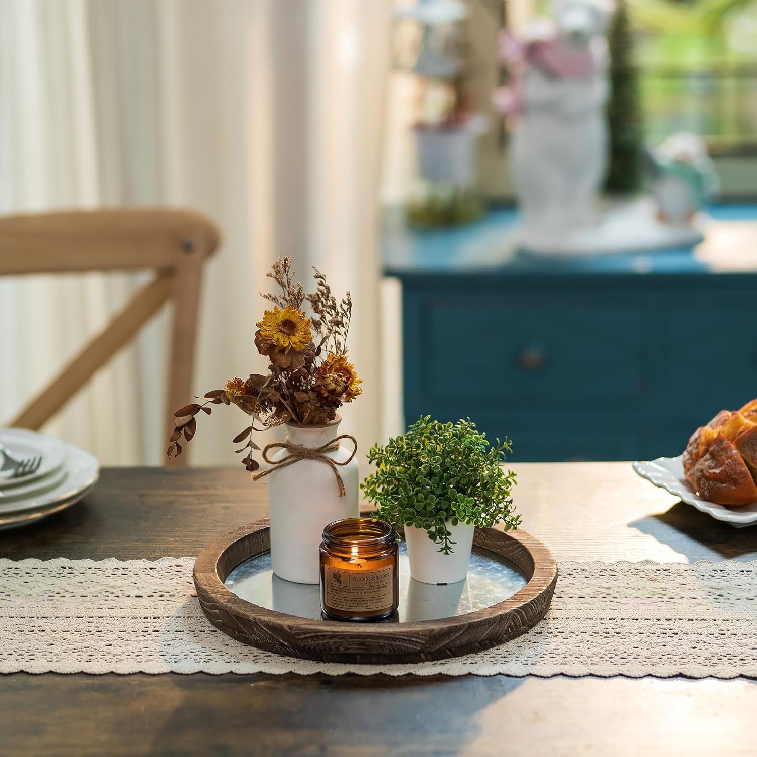 Hanobe Bandeja para portavelas Plato redondo de madera decorativo para velas, pequeño centro de mesa de granja, bandejas de pilar rústicas para