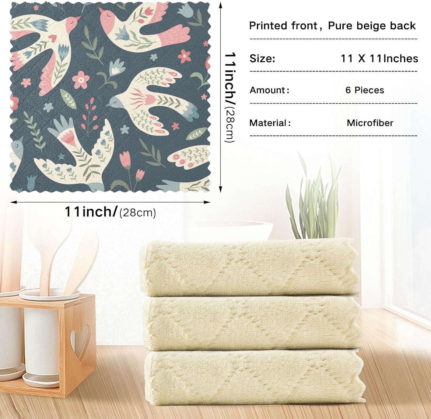 Birds Flowers Quality Print Microfiber Cleaning Cloths Quick Dry 6 Pack Microfiber Absorbant Towel for Bathroom Table