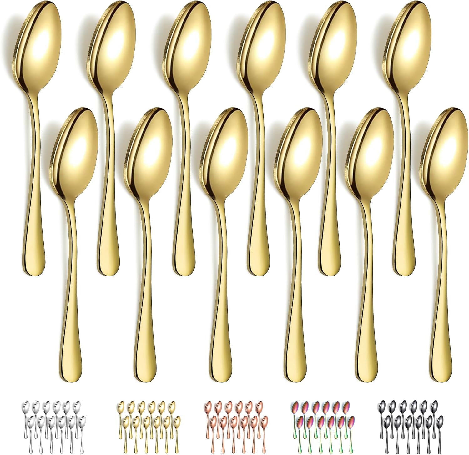 Cucharas doradas de 12 piezas, cucharas de acero inoxidable chapado en titanio dorado de 7.28 pulgadas, cucharas de postre, cuchara de mesa,