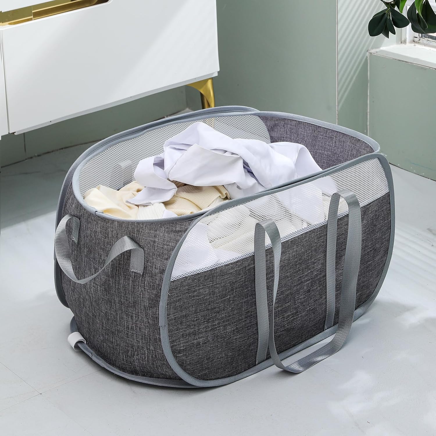 Cesta de lavandería desplegable, de malla, con correas extendidas para los hombros, asas resistentes y tela catiónica de primera calidad (gris)