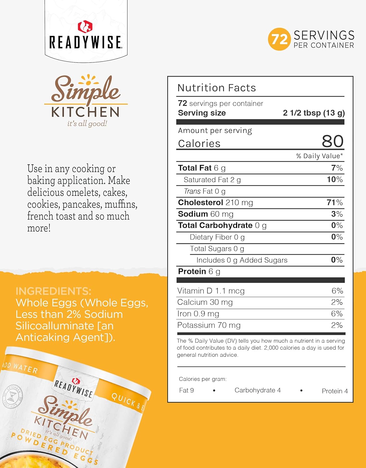 READYWISE – Cocina simple, huevos en polvo, 72 porciones, suministro de alimentos de emergencia, alimentos deshidratados, suministros para hornear,
