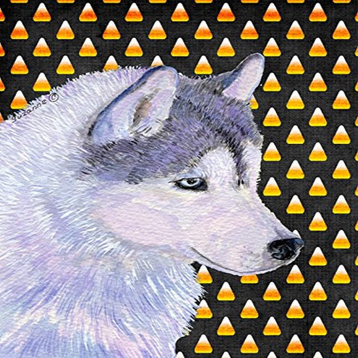 Caroline’s Treasures SS4257GF – Bandera decorativa para patio exterior, diseño de maíz y caramelo de Husky siberiano, diseño de maíz, jardín, tamaño
