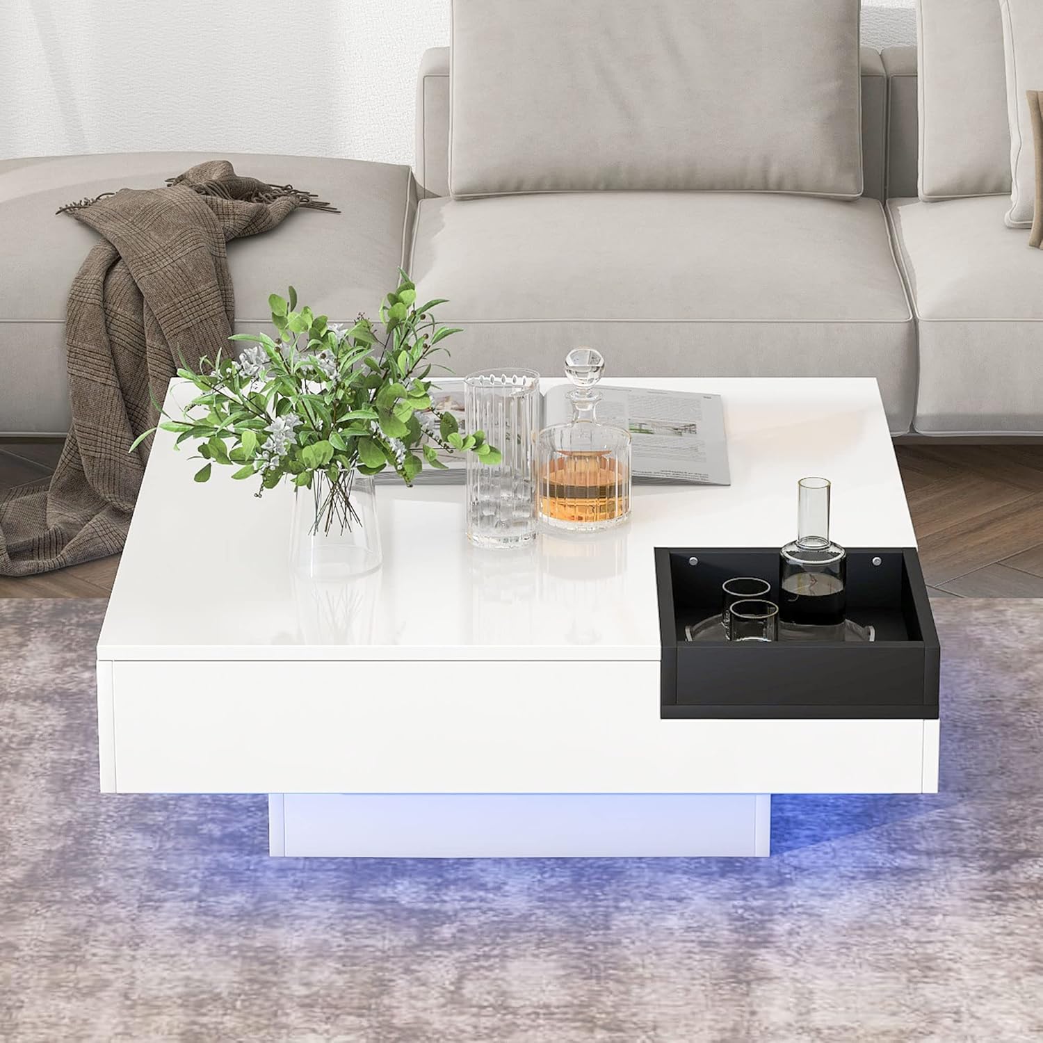 Harper & Bright Designs Mesa auxiliar de cóctel con luces LED de 16 colores, mesa de centro cuadrada de alto brillo UV, mesa central para sala de