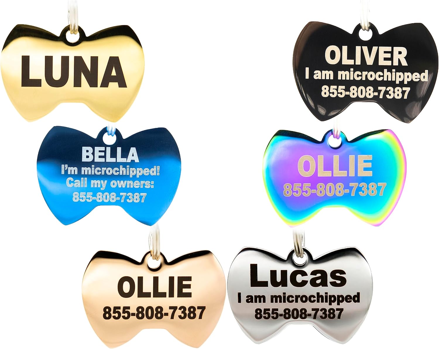PetANtastic – Etiquetas identificatorias grabadas personalizables, en acero inoxidable, para perro o gato, identificación frontal y trasera, chapado