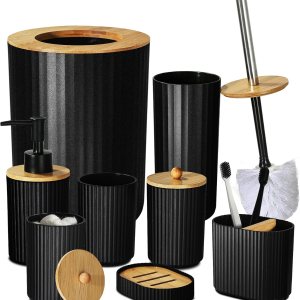 ALPIRIRAL Juego de accesorios de baño negro, juego de 8 piezas de accesorios de baño con basura, dispensador de jabón y soporte para cepillo de ALPIRIRAL Juego de accesorios de baño negro, juego de 8 piezas de accesorios de baño con basura, dispensador de jabón y soporte para cepillo de