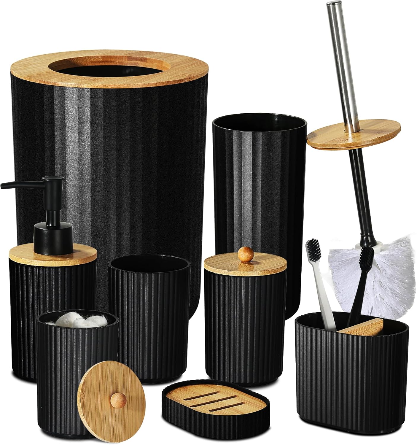 ALPIRIRAL Juego de accesorios de baño negro, juego de 8 piezas de accesorios de baño con basura, dispensador de jabón y soporte para cepillo de