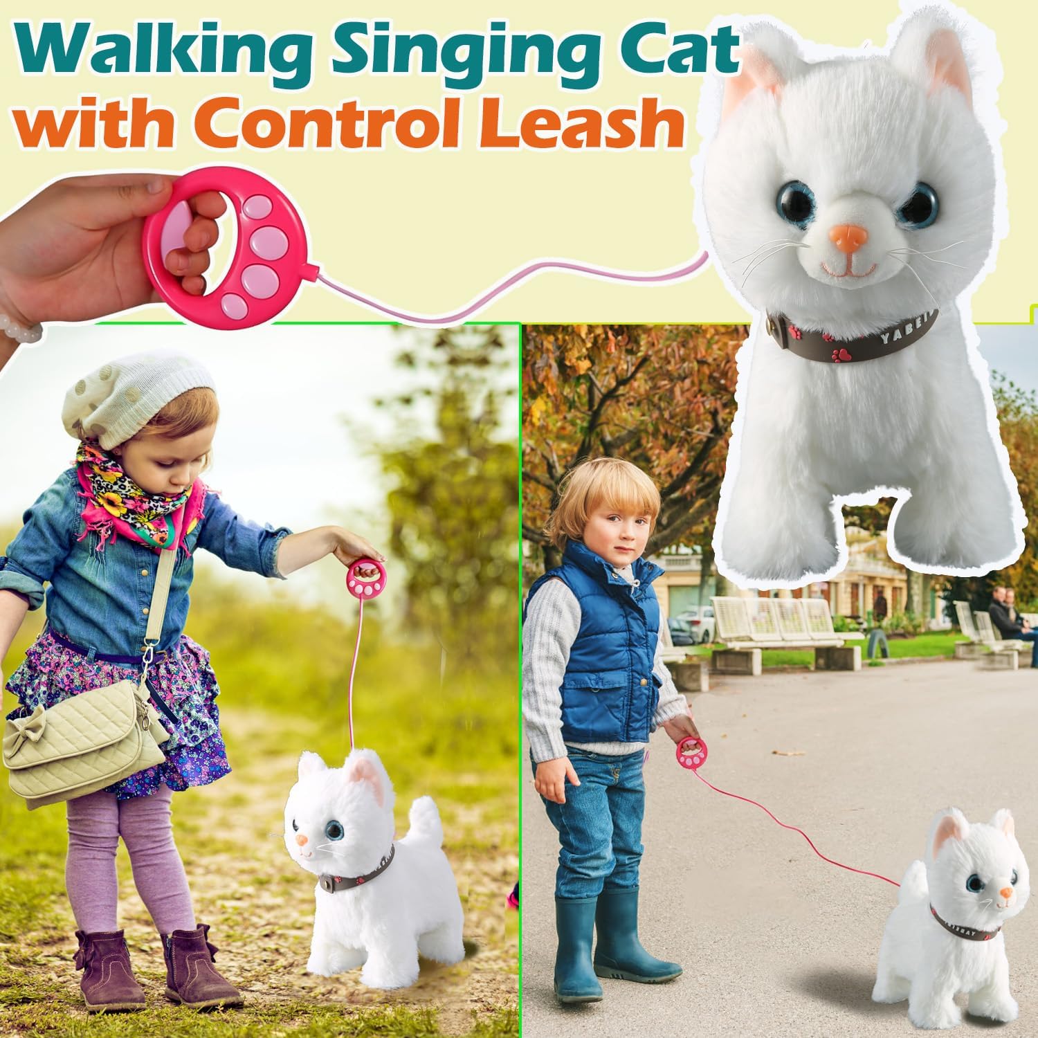 Juego de gato que camina con correa blanca cantando que ronronea y maulla, robot de peluche animado, gatito, mascota en movimiento, realista, animal