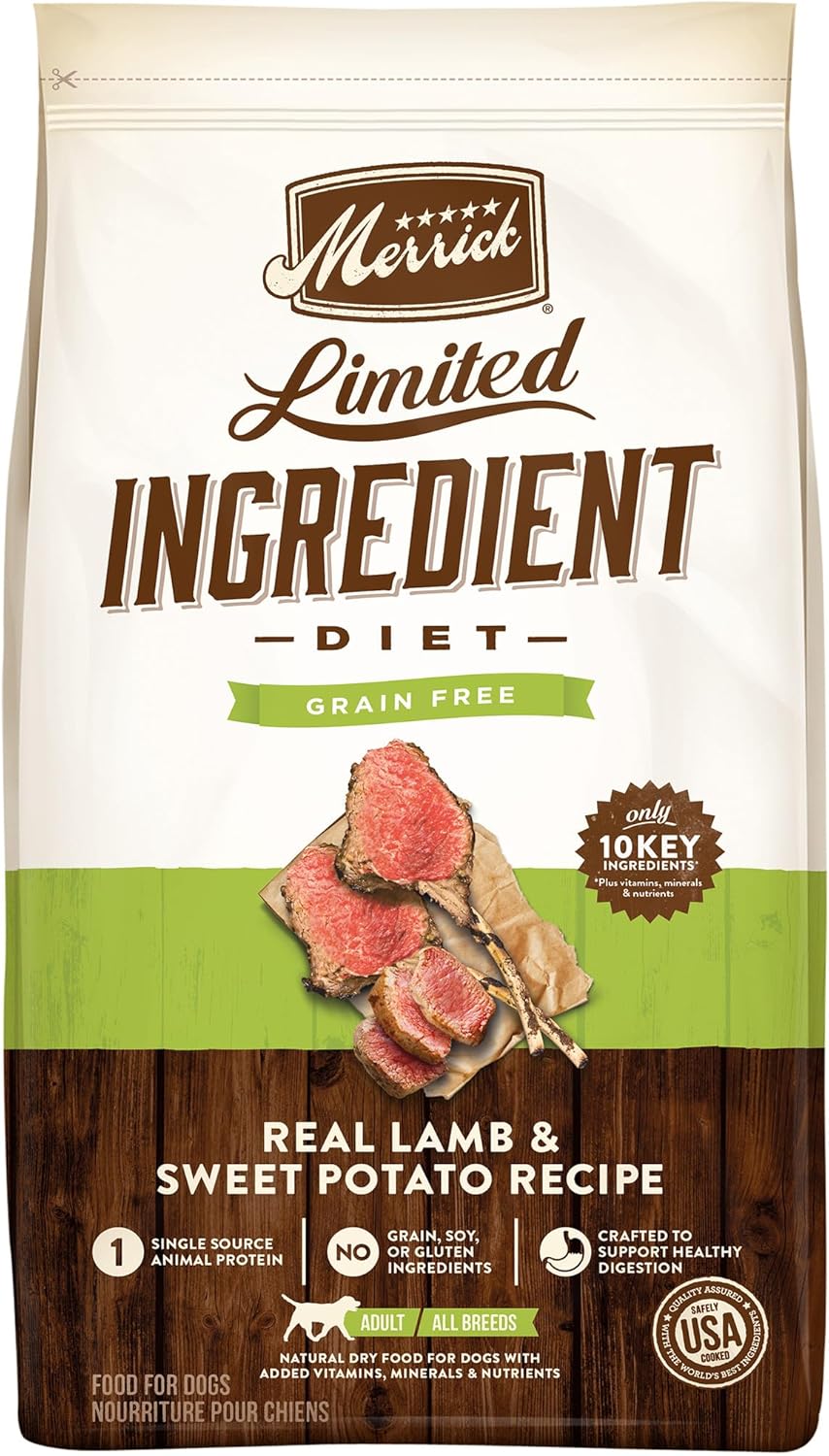 Merrick Alimento seco para perros sin cereales de ingredientes limitados, croquetas premium y saludables con cordero y batata, bolsa de 4.0 libras