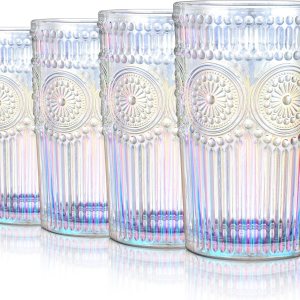 Joeyan Vasos iridiscentes, vasos de agua vintage en relieve, vasos altos acanalados de colores con patrón de girasol, juego de cristalería romántica Joeyan Vasos iridiscentes, vasos de agua vintage en relieve, vasos altos acanalados de colores con patrón de girasol, juego de cristalería romántica