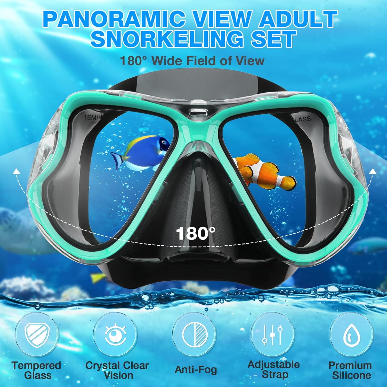 PIYAZI Snorkeling Gear for Adults Kids, Dry Snorkeling Set, Panoramic Anti-Leak and Anti-Fog Tempered Glass Lens, Adjustable Strap Snorkel Set with