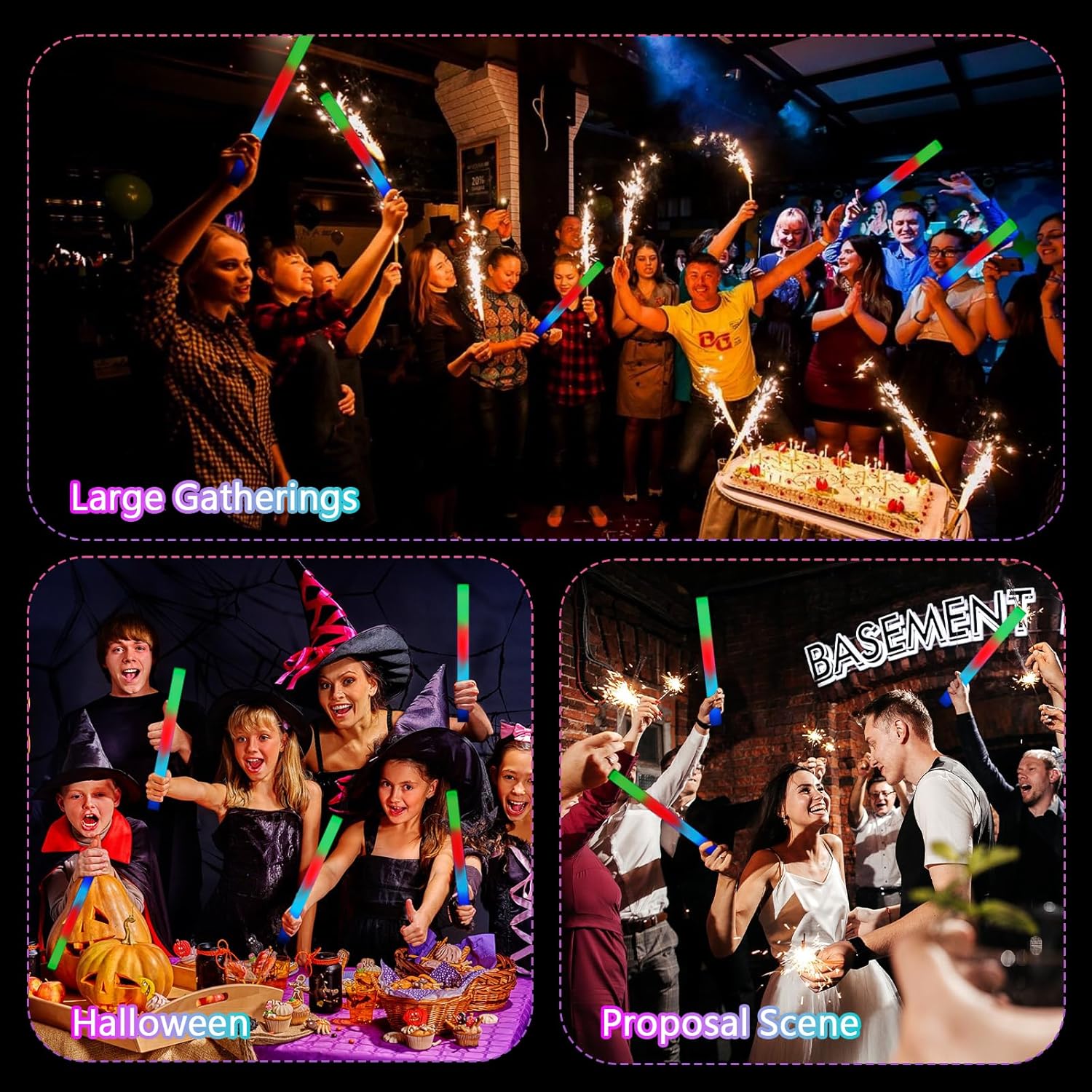 24 varillas de espuma brillantes a granel con 3 modos de cambio de color, palos de luz LED, suministros de fiesta que brillan en la oscuridad,