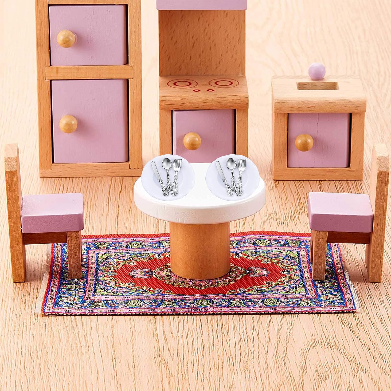 G0lden&Mang0 Juego de 22 muebles de casa de muñecas, 112 decoración de casa de muñecas, 1 mesa de comedor de madera y 4 sillas, 1 alfombra de pavo