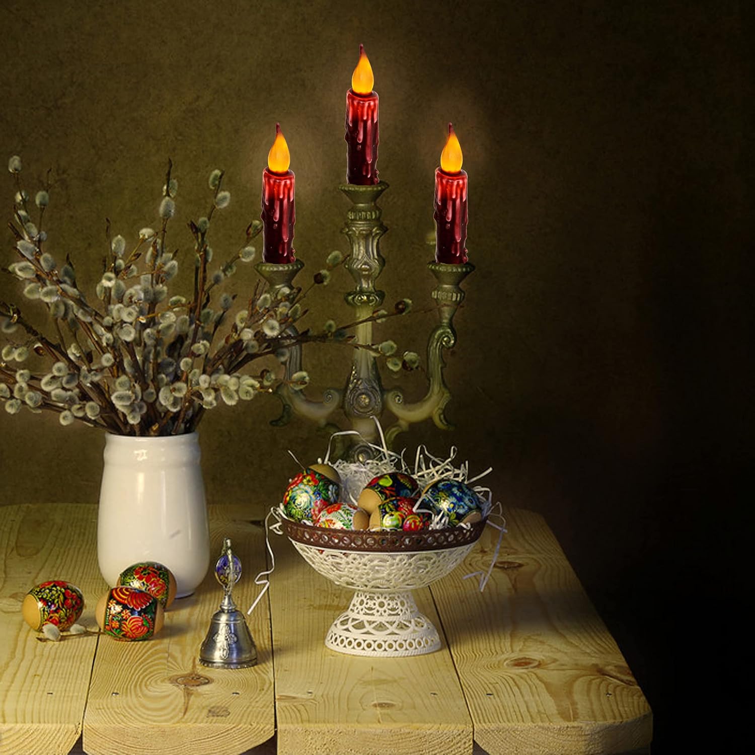 Velas cónicas cortas a batería, llama parpadeante, vela cónica sin llama de cera real primitiva, vela corta con temporizador, vela LED borgoña de