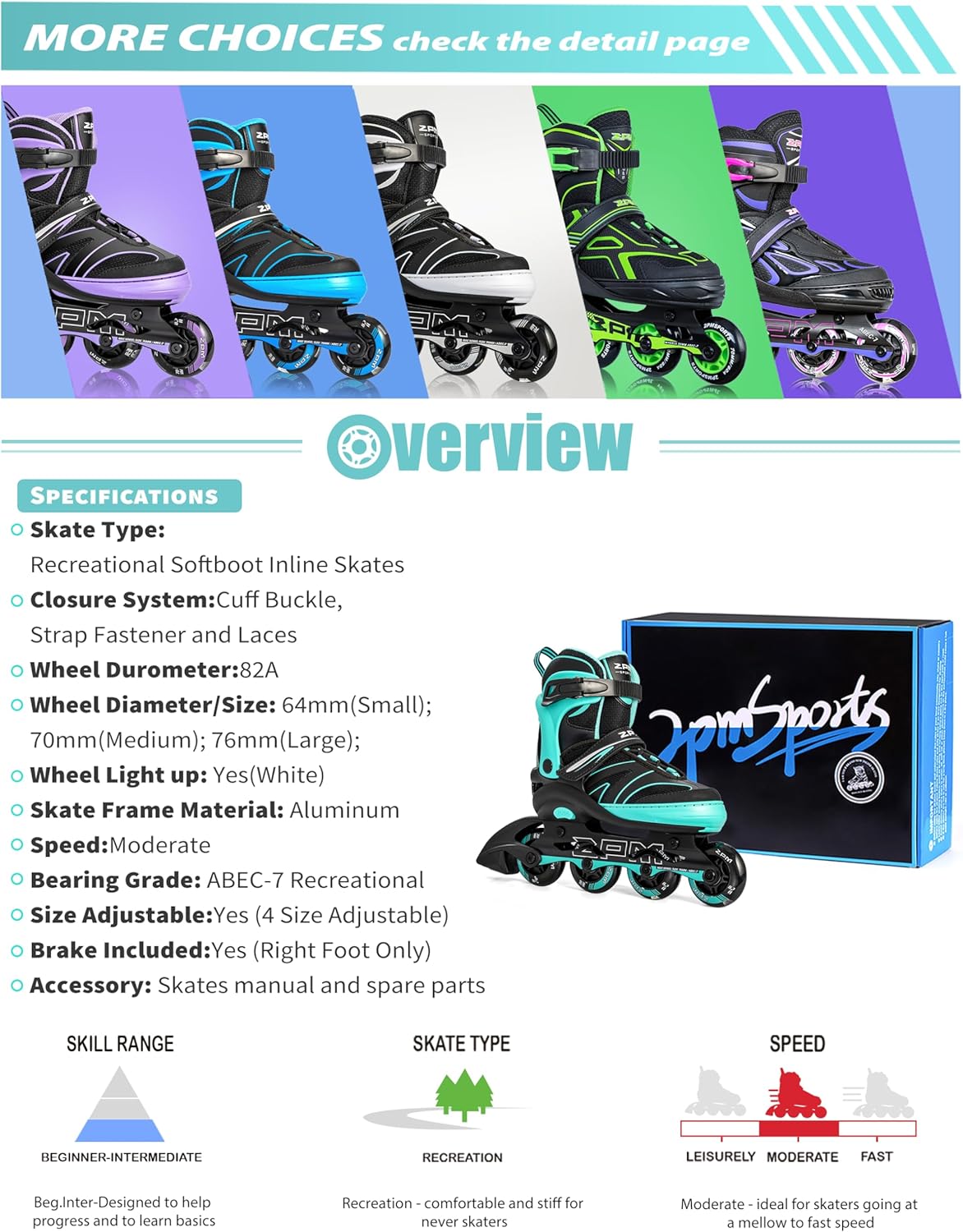2PM SPORTS Patines en línea ajustables para niños de 4 a 12 años, patines Inlie para niñas y niños de 5 a 8 a 12 años con ruedas de luz completa,