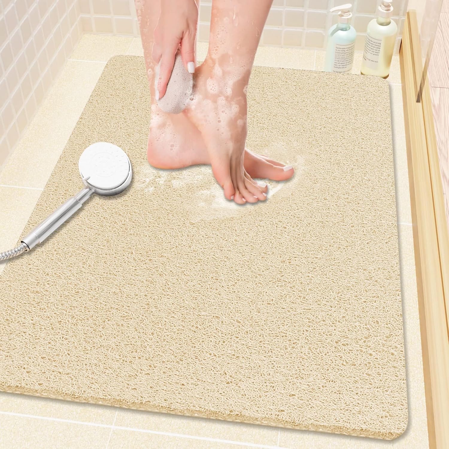 Tapete de ducha antideslizante, 24 x 16 pulgadas, tapete suave con drenaje, tapete de baño de lufa de PVC (sin ftalatos) para bañera y baño, secado