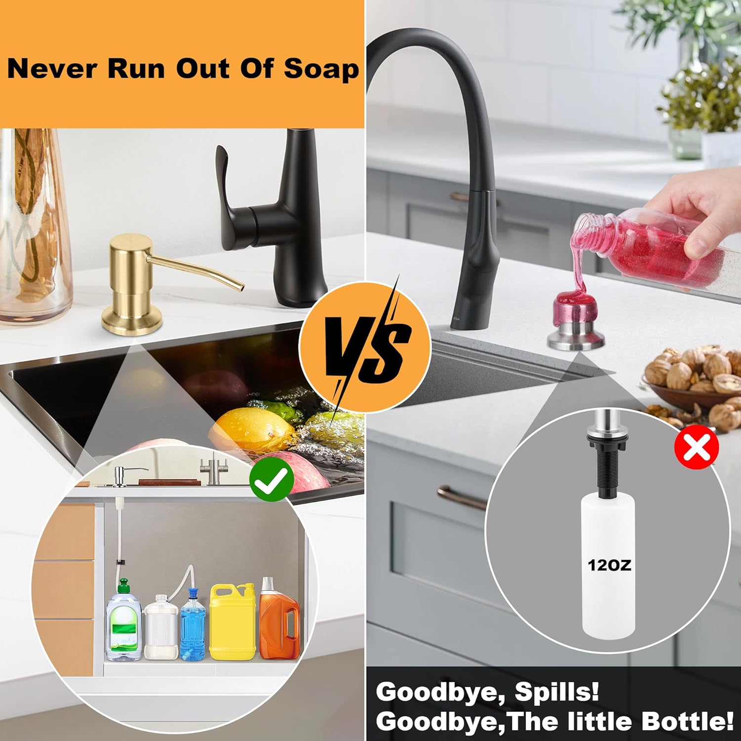 Dispensador de jabón para fregadero de cocina, dispensador de jabón de acero inoxidable cepillado dorado con kit de tubo de extensión de 47 pulgadas