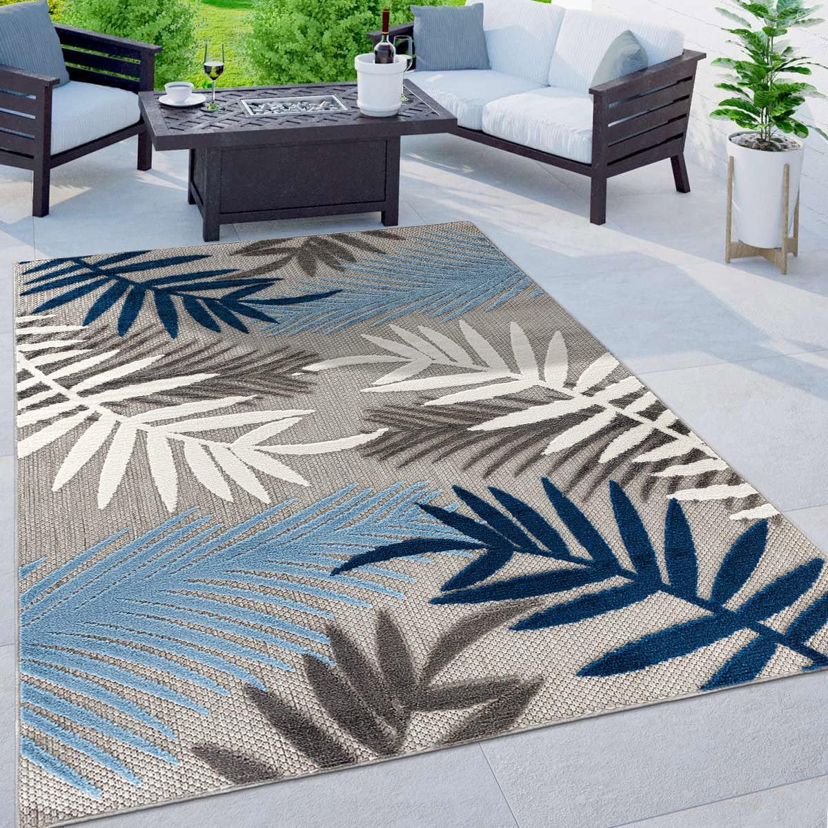 Rugshop Evora Palm Frond – Alfombra de área para patio, interior y exterior, no desprende pelusa, 5 x 7 pies, color azul