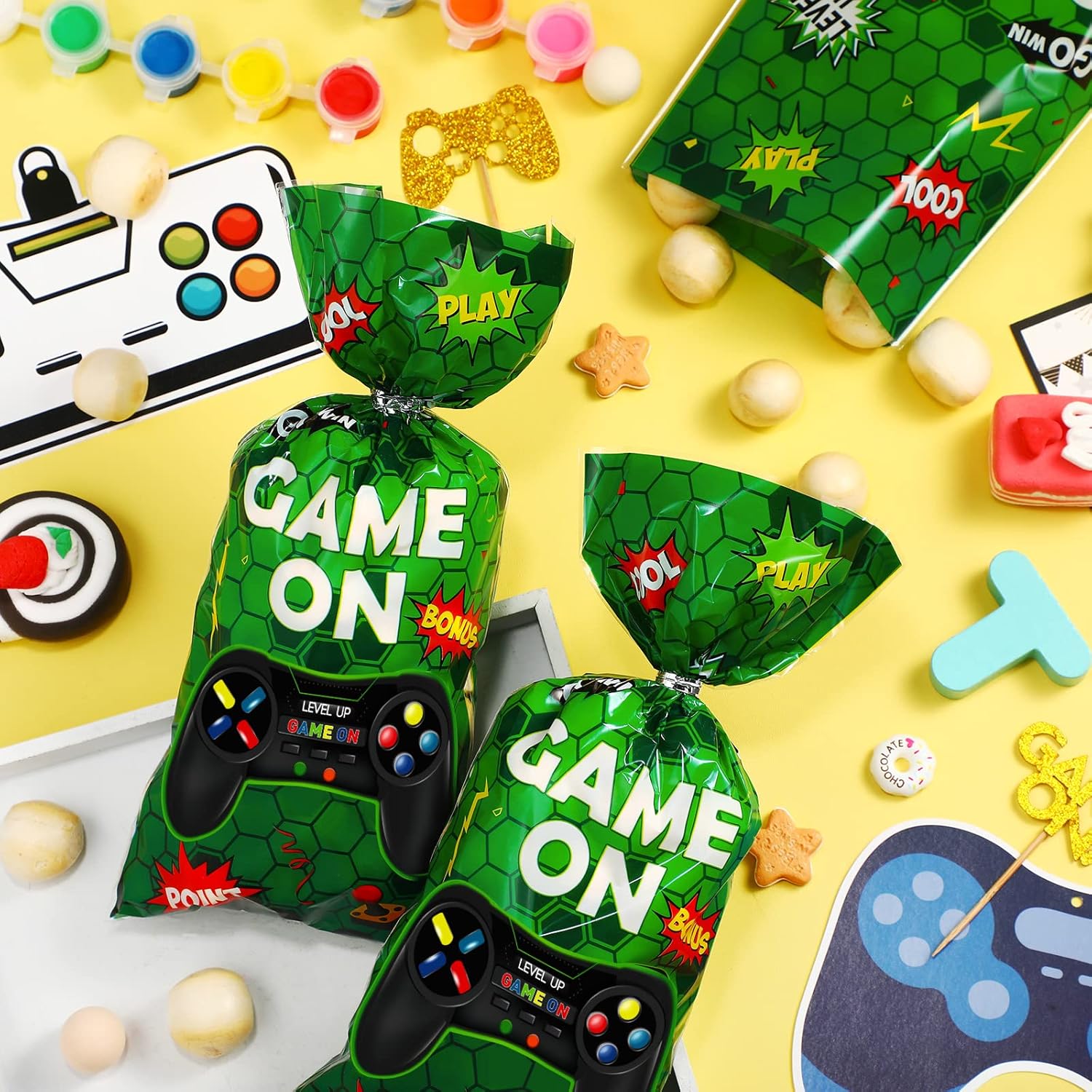 Pajean – 100 bolsas de plástico para videojuegos, bolsas de botín de videojuegos a favor, bolsas de dulces para juegos y fiestas de cumpleaños