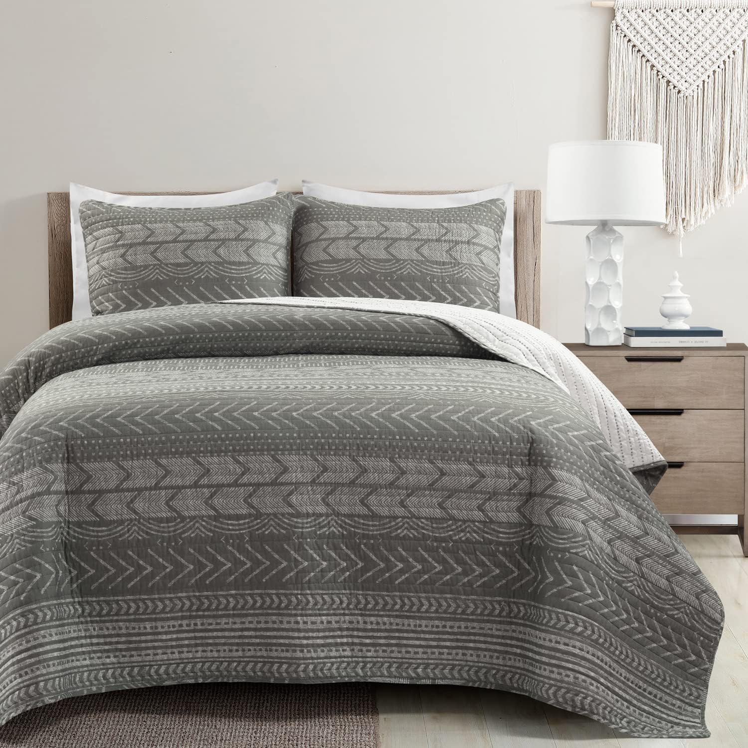 Lush Decor Hygge Geo – Juego de ropa de cama de 3 piezas con diseño a rayas, tamaño matrimonialqueen, color carbón