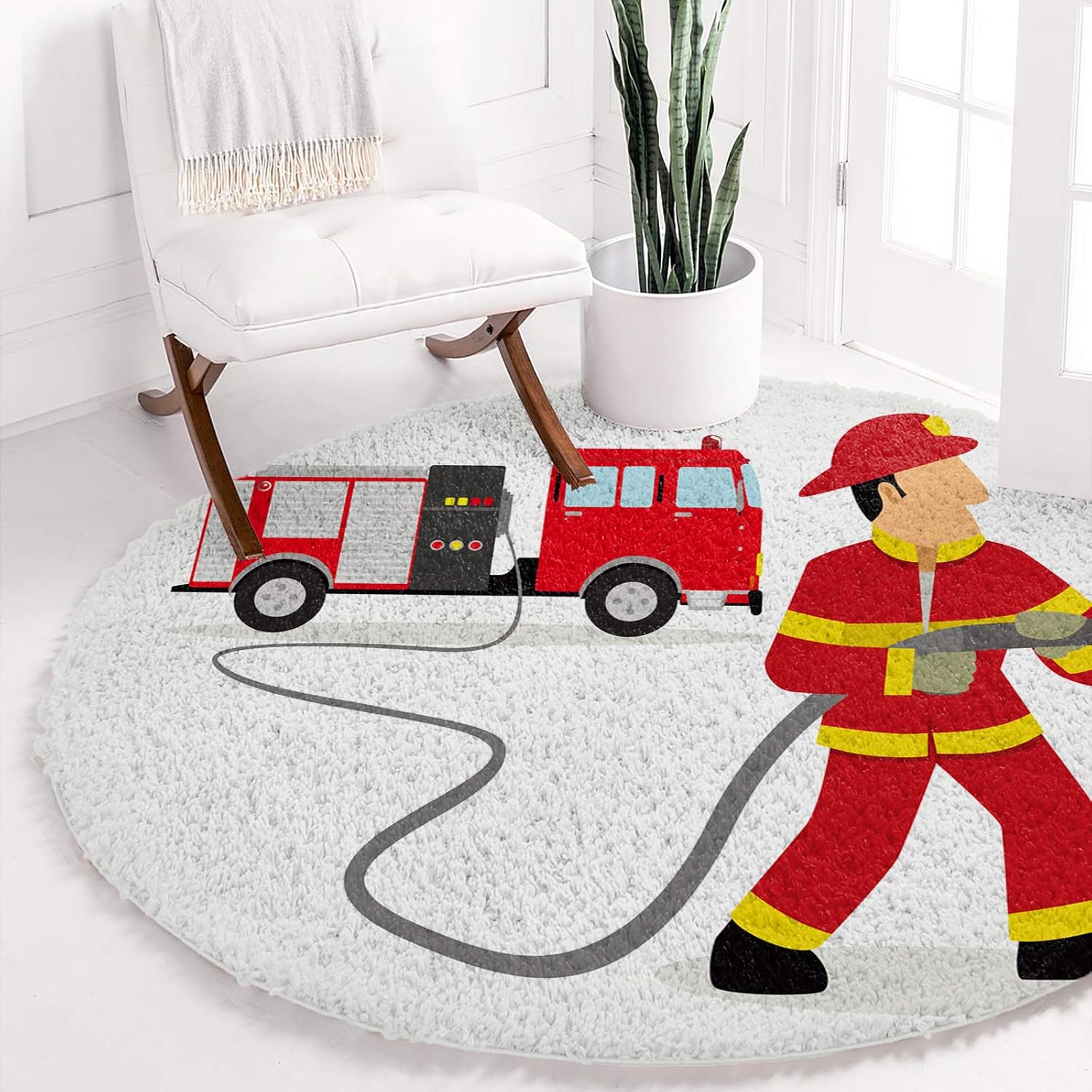 Alfombra de área de 4 pies, redonda, para interiores, camión de bomberos y bomberos, alfombra lanuda para niños, habitación de bebé, sala de estar,