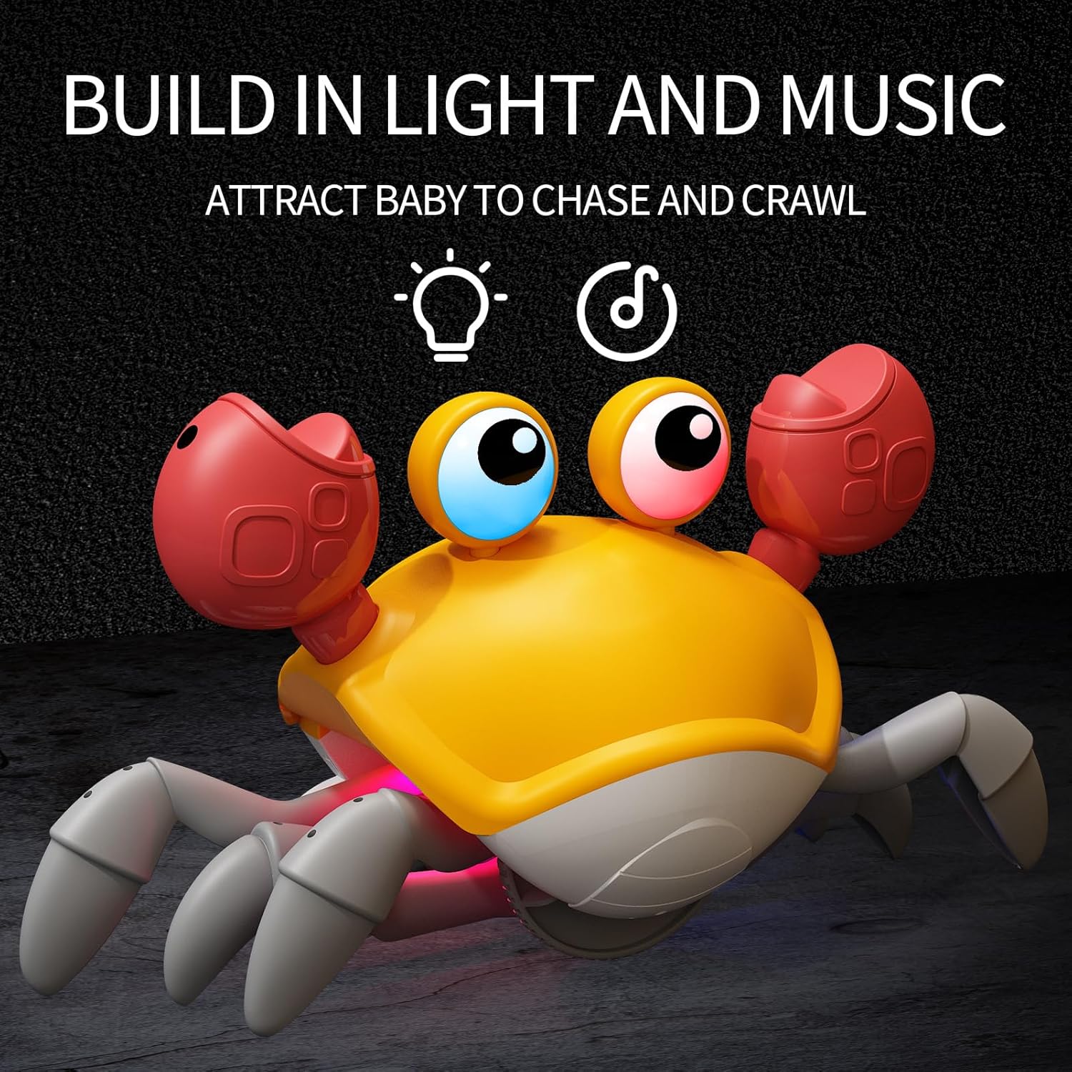 Deejoy Juguetes de cangrejo amarillo con luz, juguete musical interactivo con evitar obstáculos automáticamente, recargable por USB, divertido