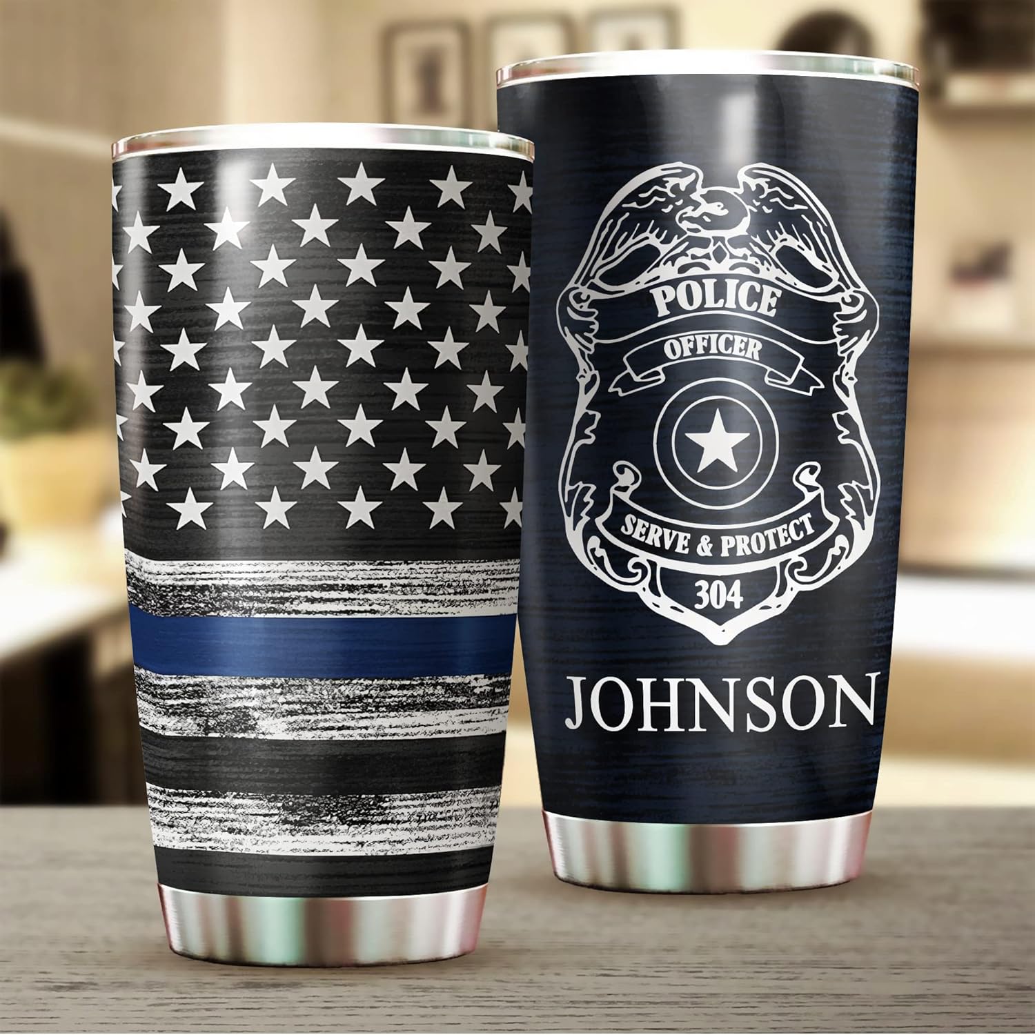 Vaso de policía personalizado con insignia de policía, regalo de oficial de policía, vaso de acero inoxidable de 20 onzas con línea azul fina y