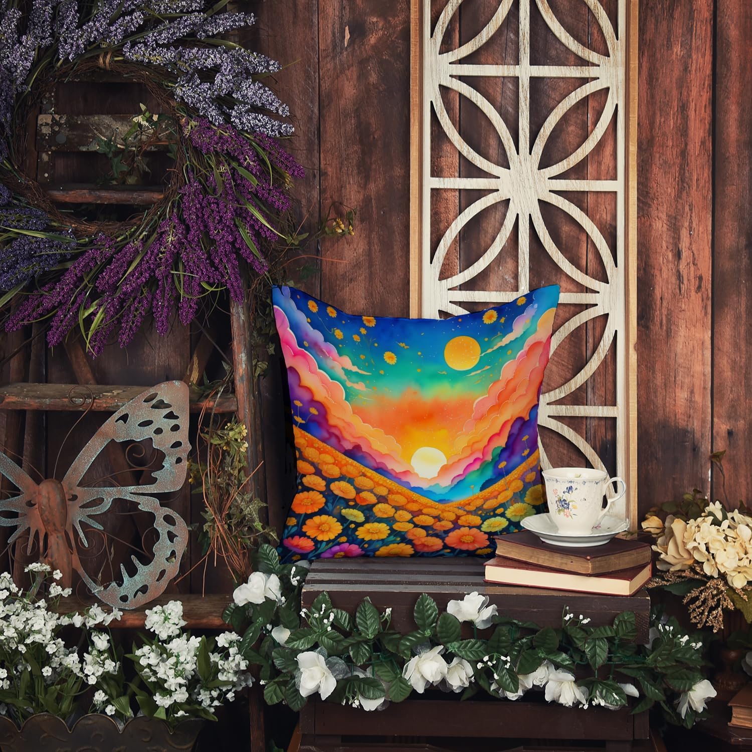 Caroline’s Treasures DAC1975PW1414 – Almohada decorativa de tela de caléndulas coloridas, lavable a máquina, almohada decorativa para interiores y
