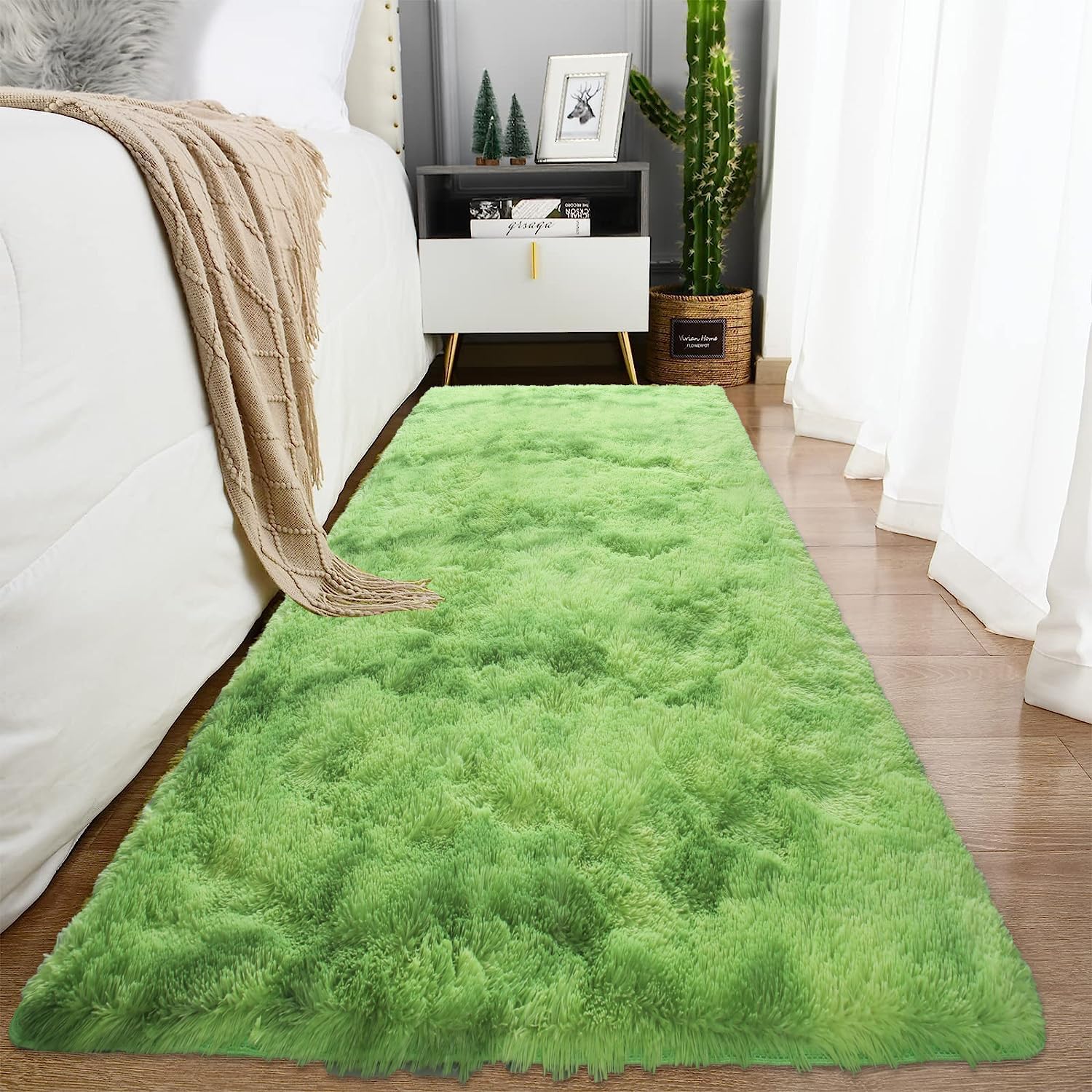 YUFANUHO Alfombras de pasillo teñidas verdes de 2 x 6 pies para dormitorio, ultra suaves, antideslizantes, esponjosas, de 2 x 6 pies, color verde