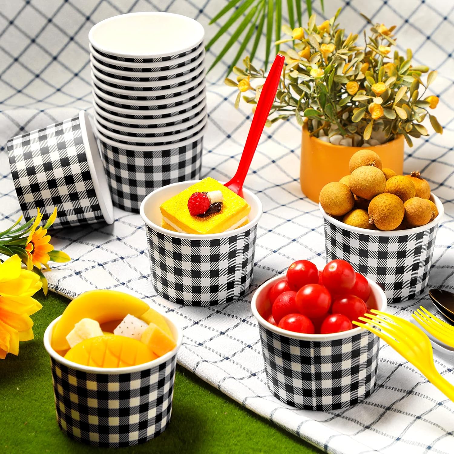 Sieral Vasos de papel para helado de 9 onzas, tazones de papel desechables de guinga, tazas de picnic a granel, postre de pícnic, taza de papel a