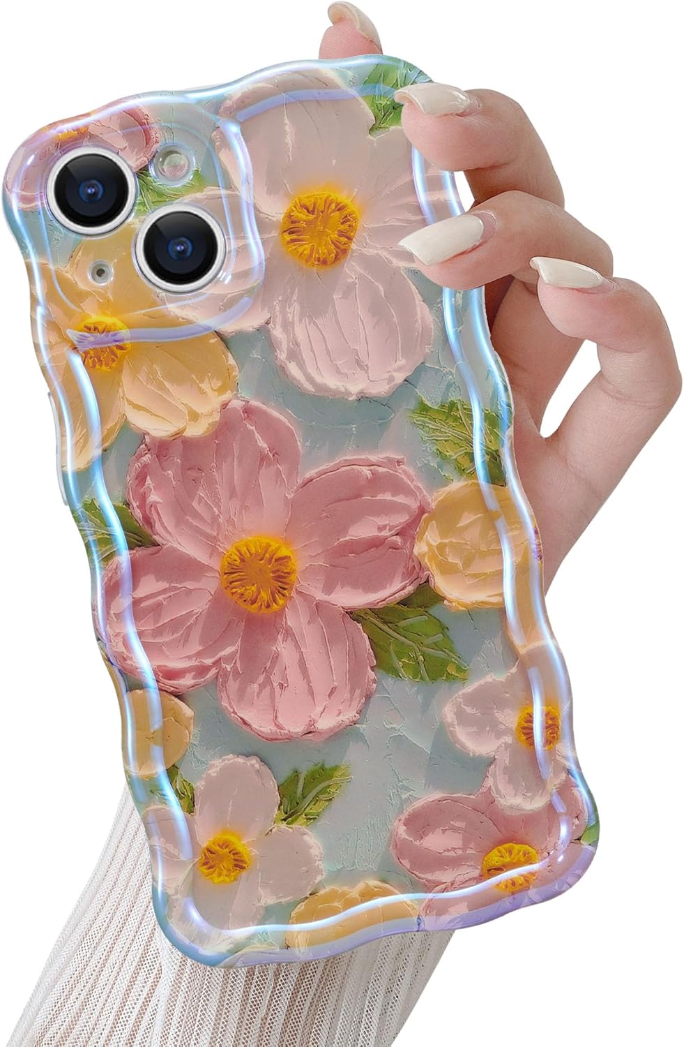 QLTYPRI Funda para iPhone 13, colorido láser retro pintura al óleo patrón de flores, lindo marco de onda rizada, exquisita funda para teléfono para
