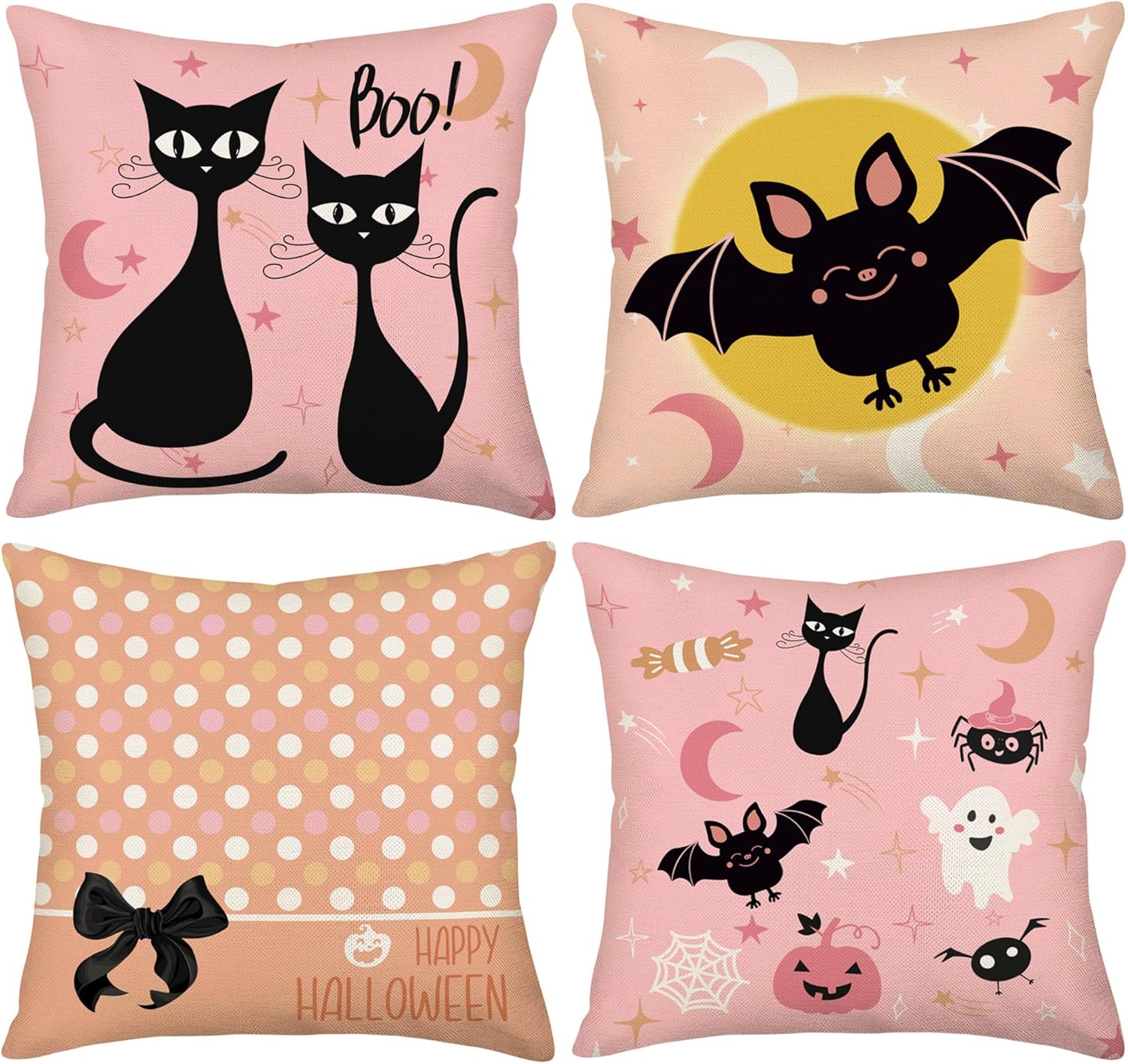 Juego de 4 fundas de almohada rosas con diseño de gatos negros, arañas abucheantes, fantasmas, murciélagos, luna, calabaza, lunares, vacaciones,